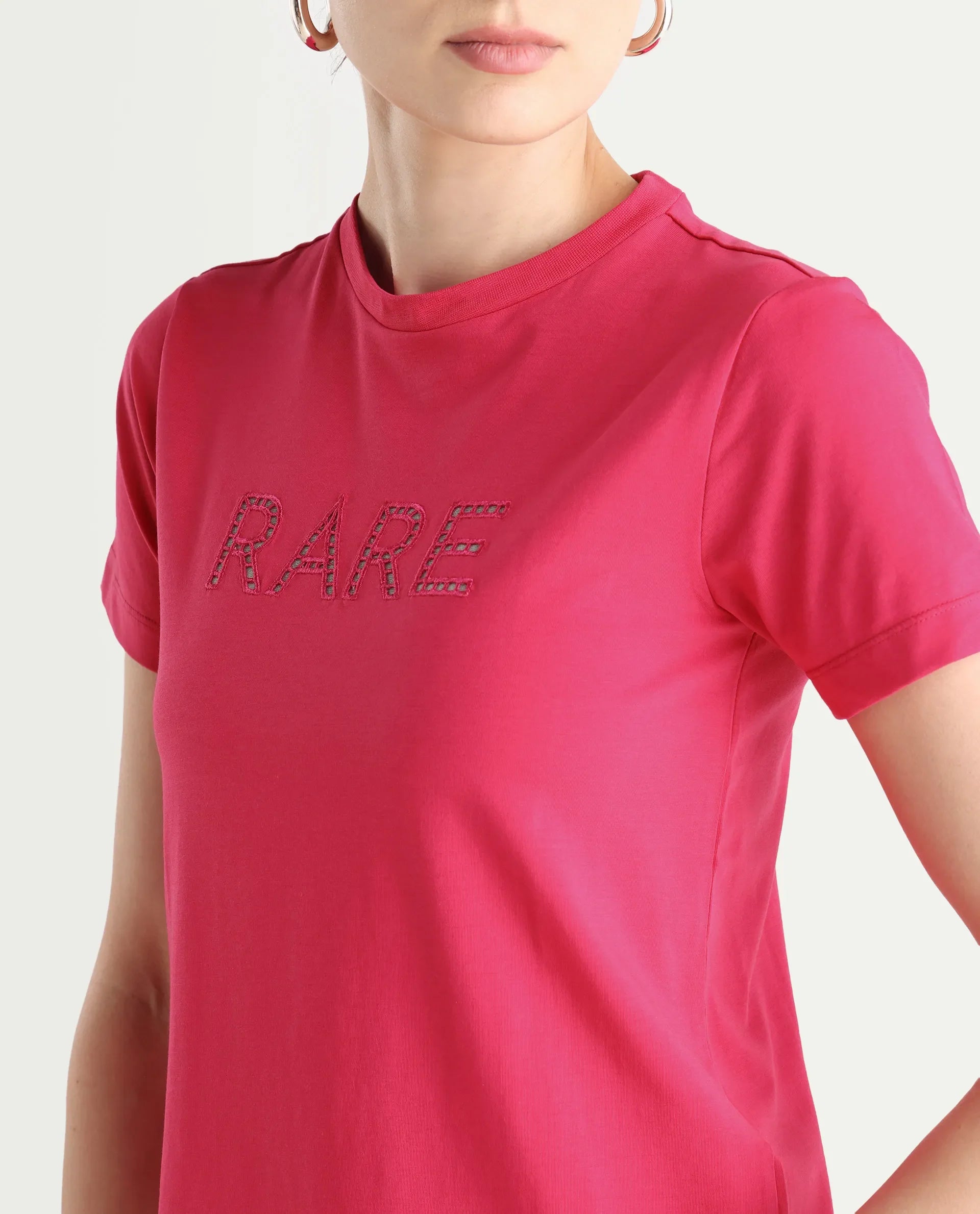 Rareism Women's Bhafi Pink Viscose Blend Crew Neck Typography Print Regular Fit T-Shirt
