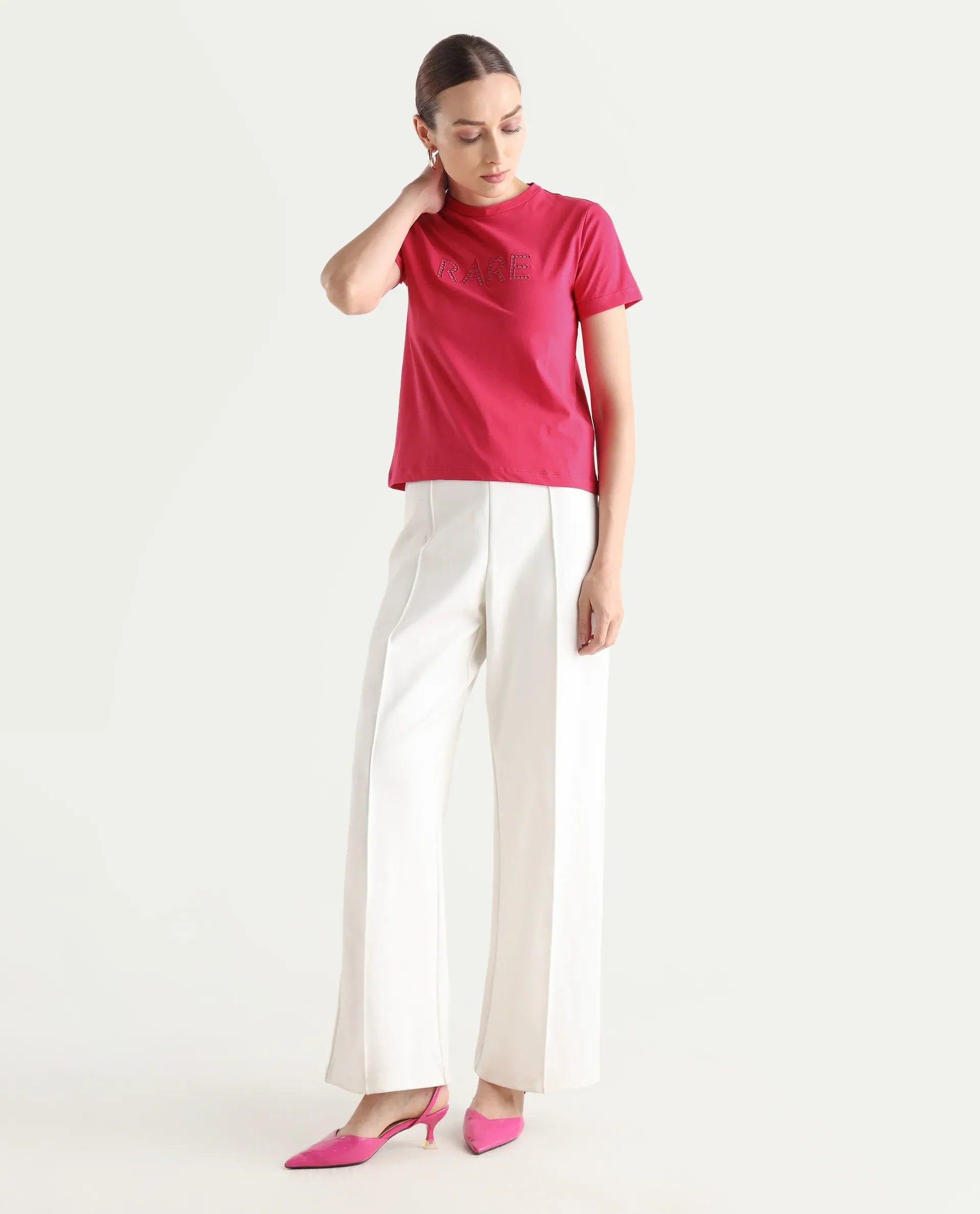 Rareism Women's Bhafi Pink Cotton Blend Crew Neck Typography Print Regular Fit T-Shirt