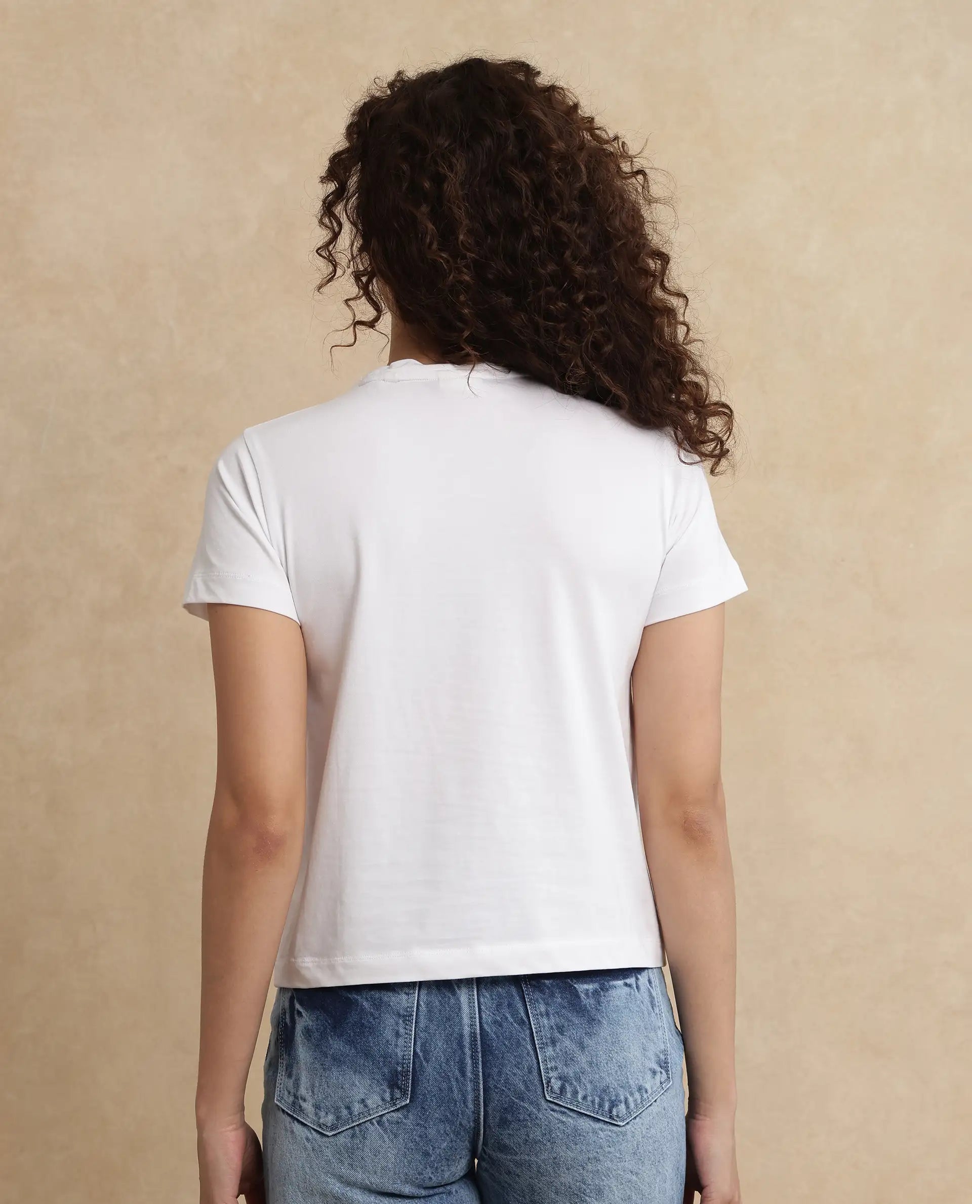 Rareism Women Bhager Off White Cotton Lycra Fabric Short Sleeve Crew Neck Graphic Print T-Shirt