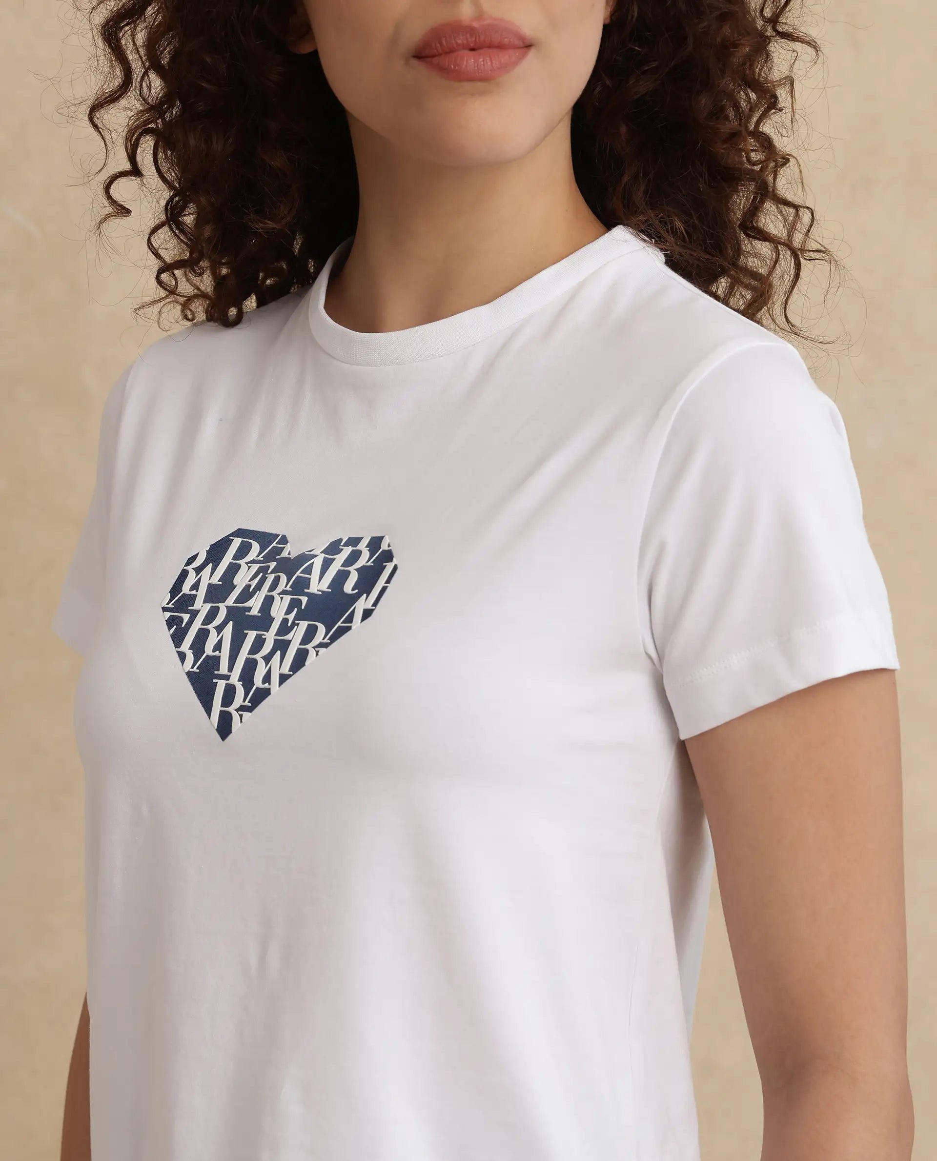 Rareism Women Bhager Off White Cotton Lycra Fabric Short Sleeve Crew Neck Graphic Print T-Shirt