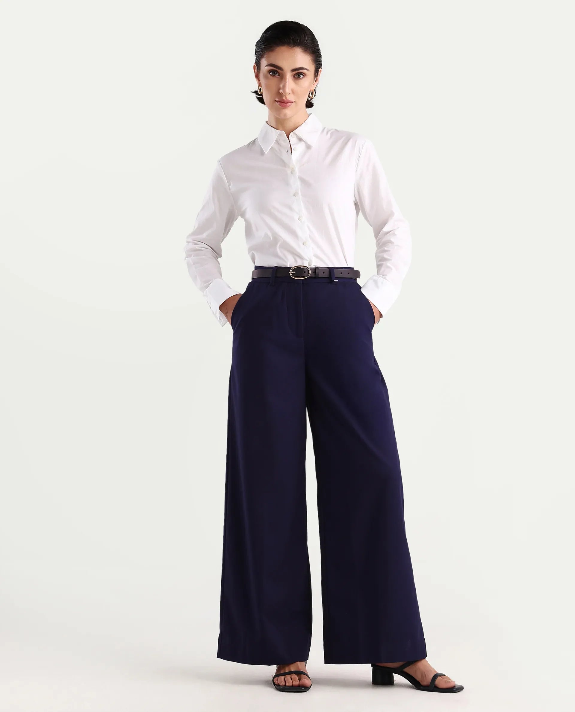 Rareism Women's Bhalmish Navy Cotton Plain Ankle Length Wide Trouser