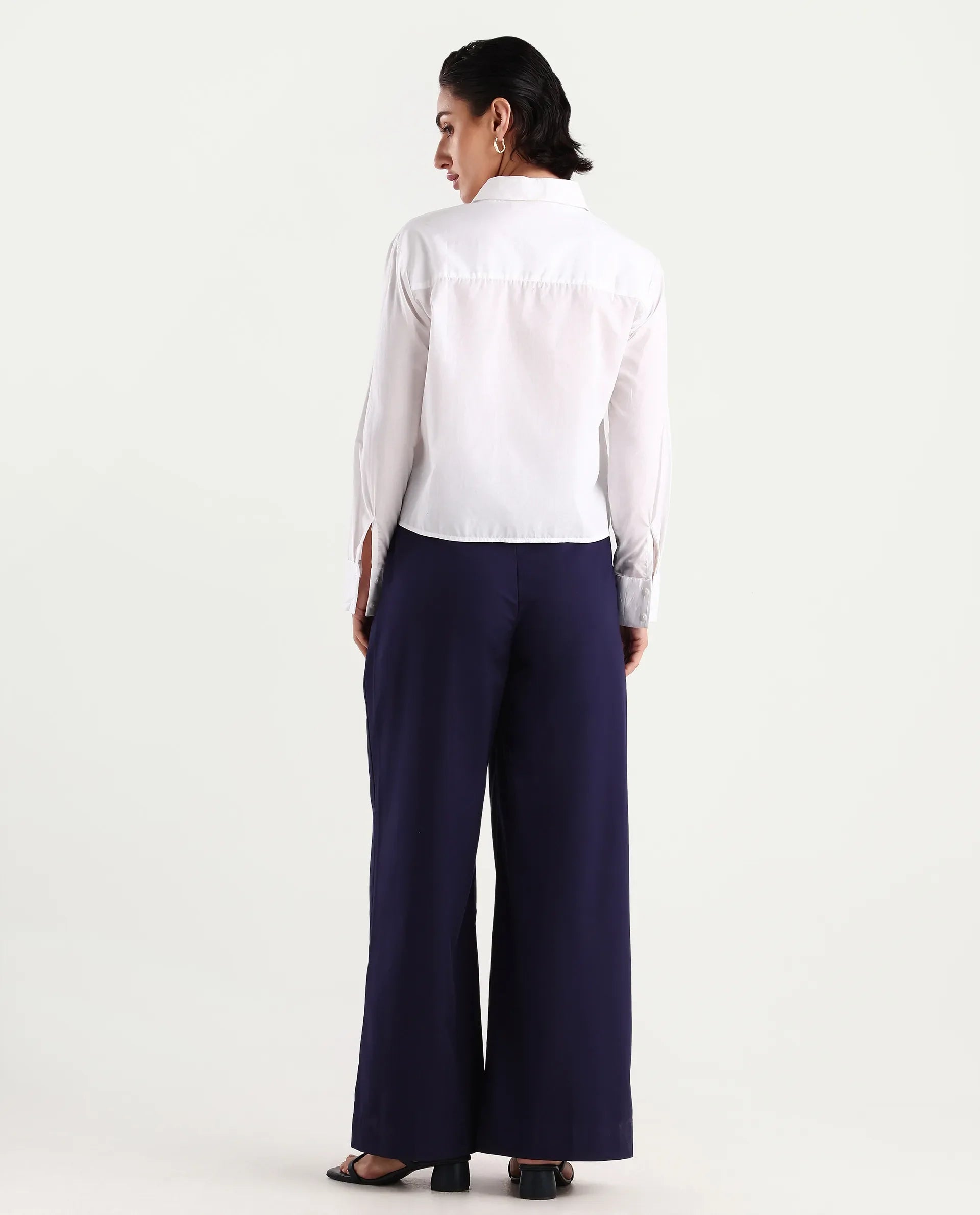 Rareism Women's Bhalmish Navy Cotton Plain Ankle Length Wide Trouser