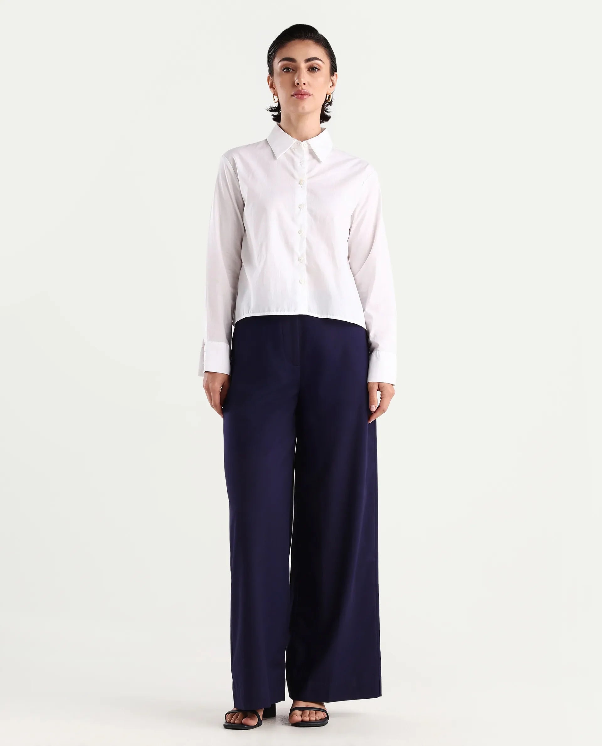 Rareism Women's Bhalmish Navy Cotton Plain Ankle Length Wide Trouser