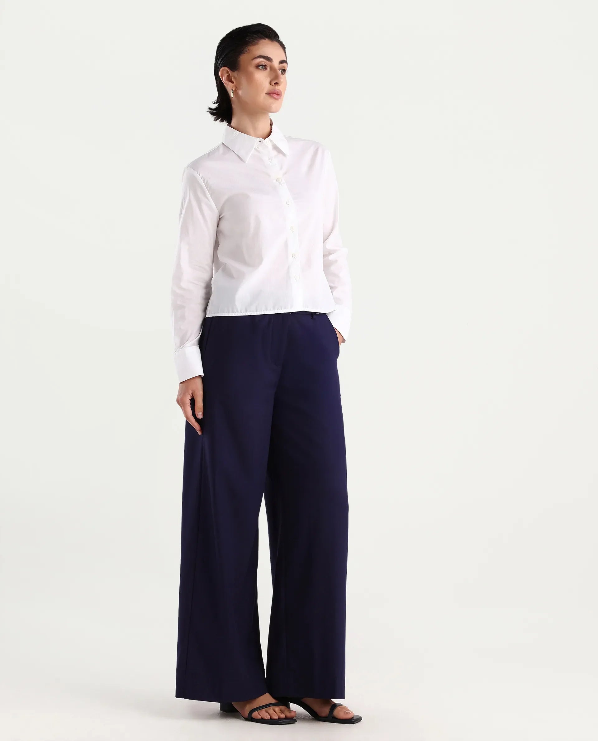 Rareism Women's Bhalmish Navy Cotton Plain Ankle Length Wide Trouser