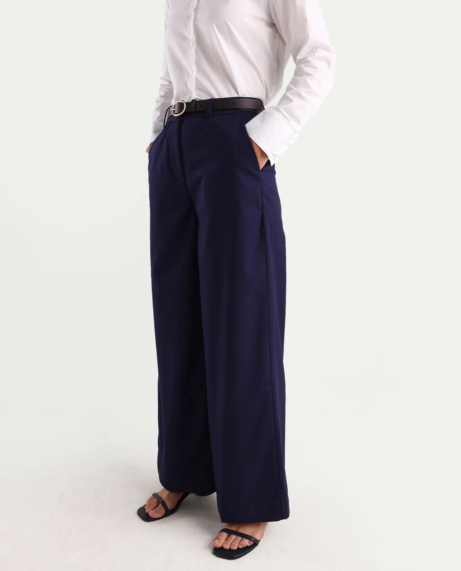 Rareism Women's Bhalmish Navy Cotton Plain Ankle Length Wide Trouser