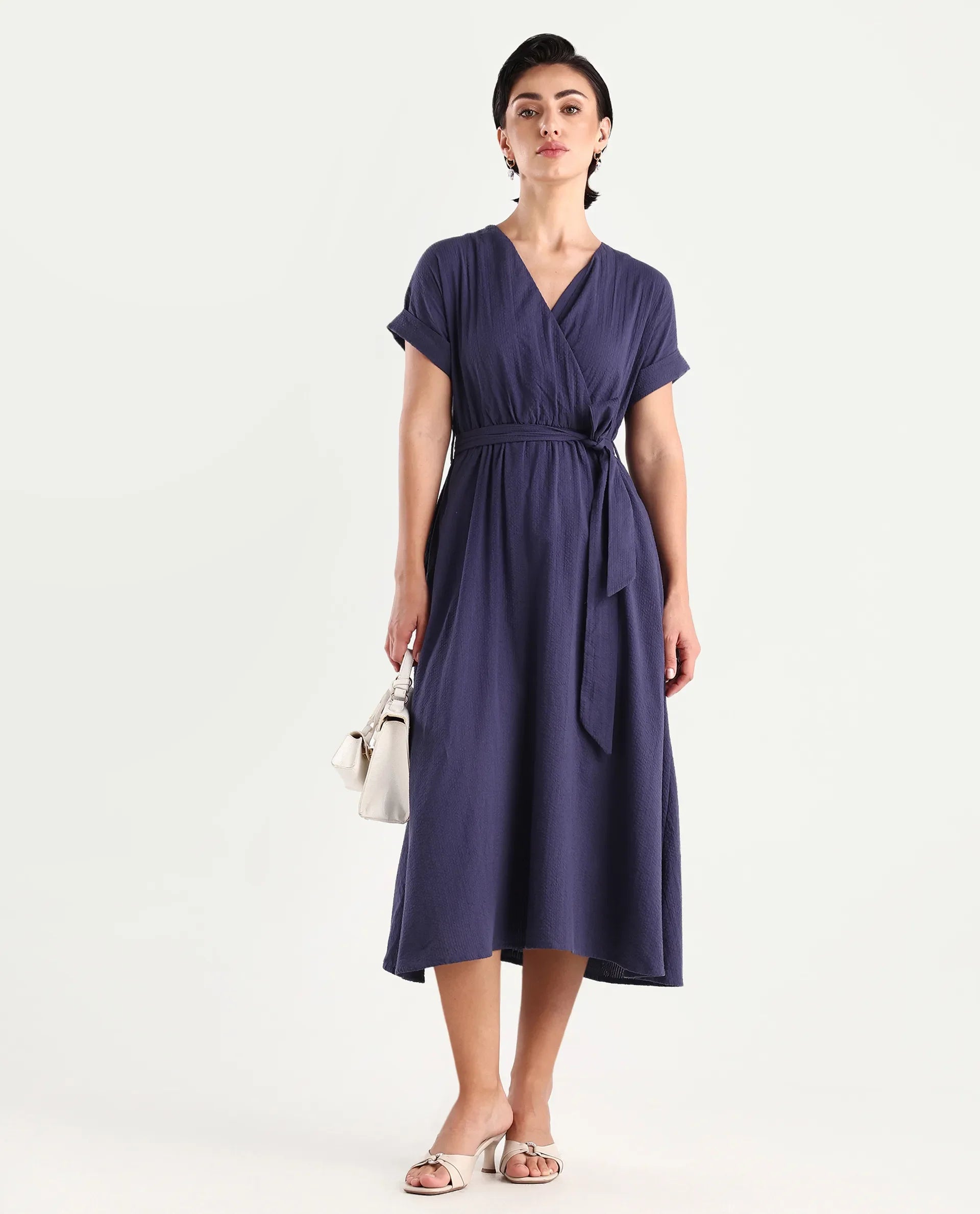 Rareism Women's Bhamin Navy Viscose Overlap Neck Plain Extended Sleeves Midi Fit And Flare Dress