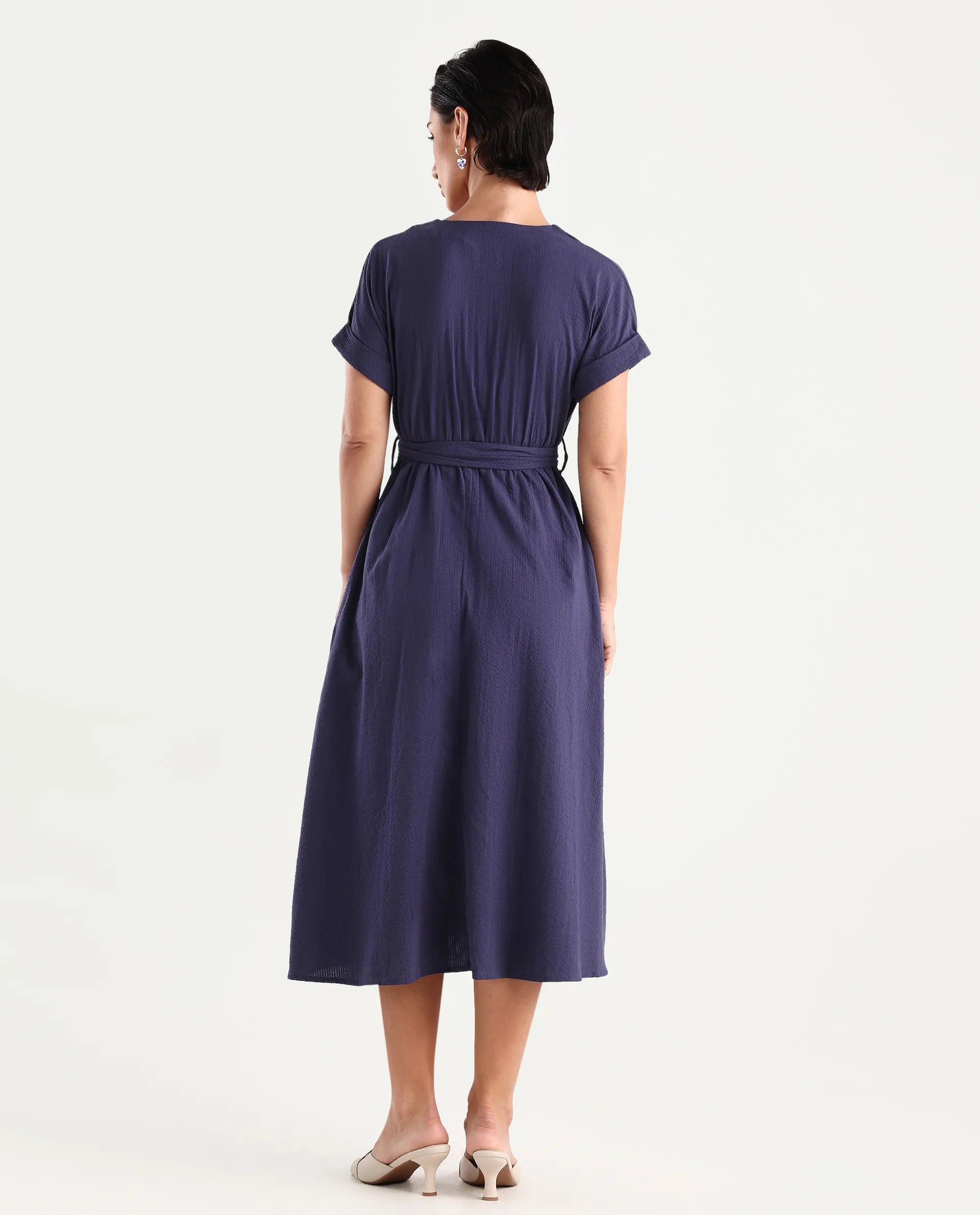 Rareism Women's Bhamin Navy Viscose Overlap Neck Plain Extended Sleeves Midi Fit And Flare Dress