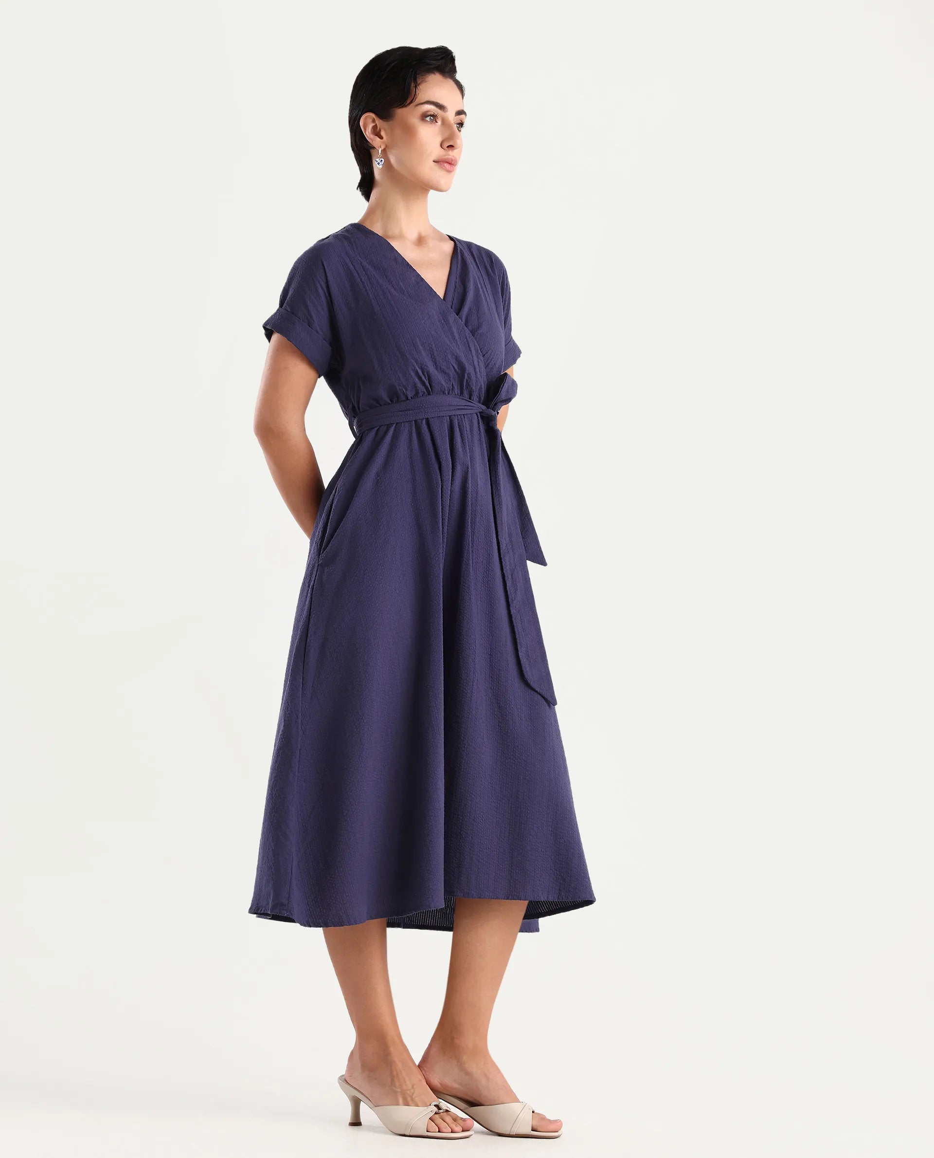 Rareism Women's Bhamin Navy Cotton Overlap Neck Plain Extended Sleeves Midi Fit And Flare Dress