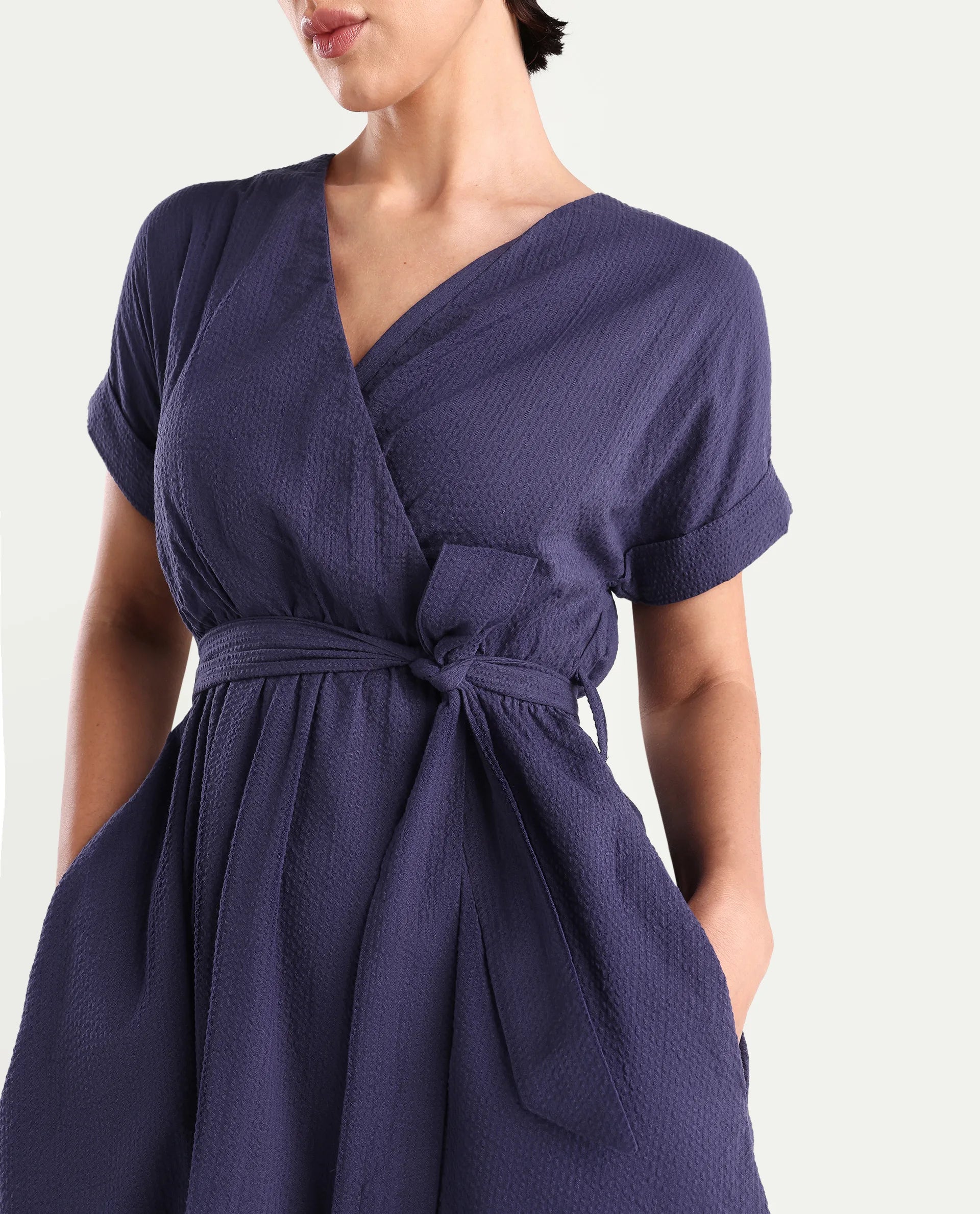 Rareism Women's Bhamin Navy Viscose Overlap Neck Plain Extended Sleeves Midi Fit And Flare Dress