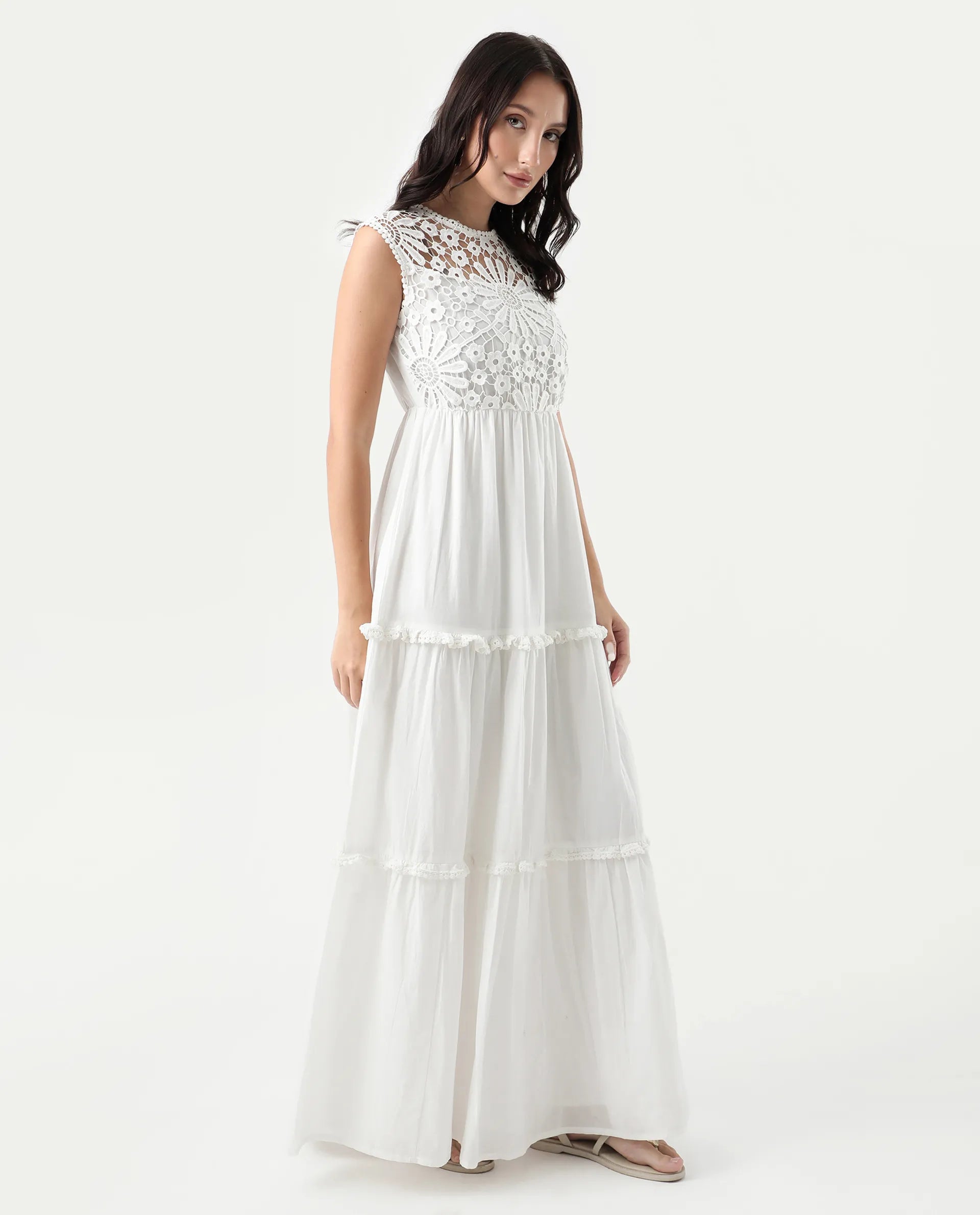 Rareism Women's Bhamona White Cotton Round Neck Plain Sleeveless Maxi Fit And Flare Dress