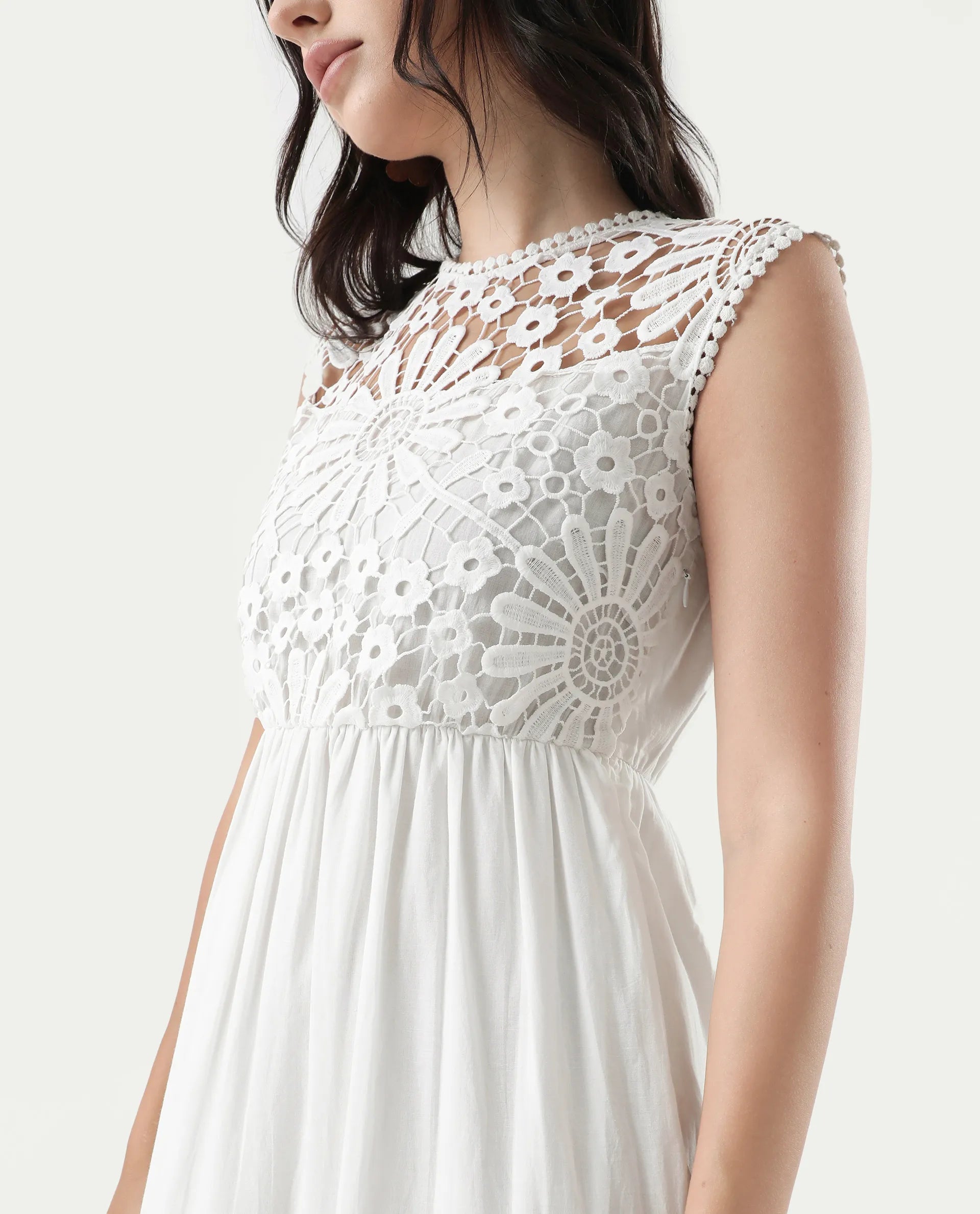 Rareism Women's Bhamona White Cotton Round Neck Plain Sleeveless Maxi Fit And Flare Dress