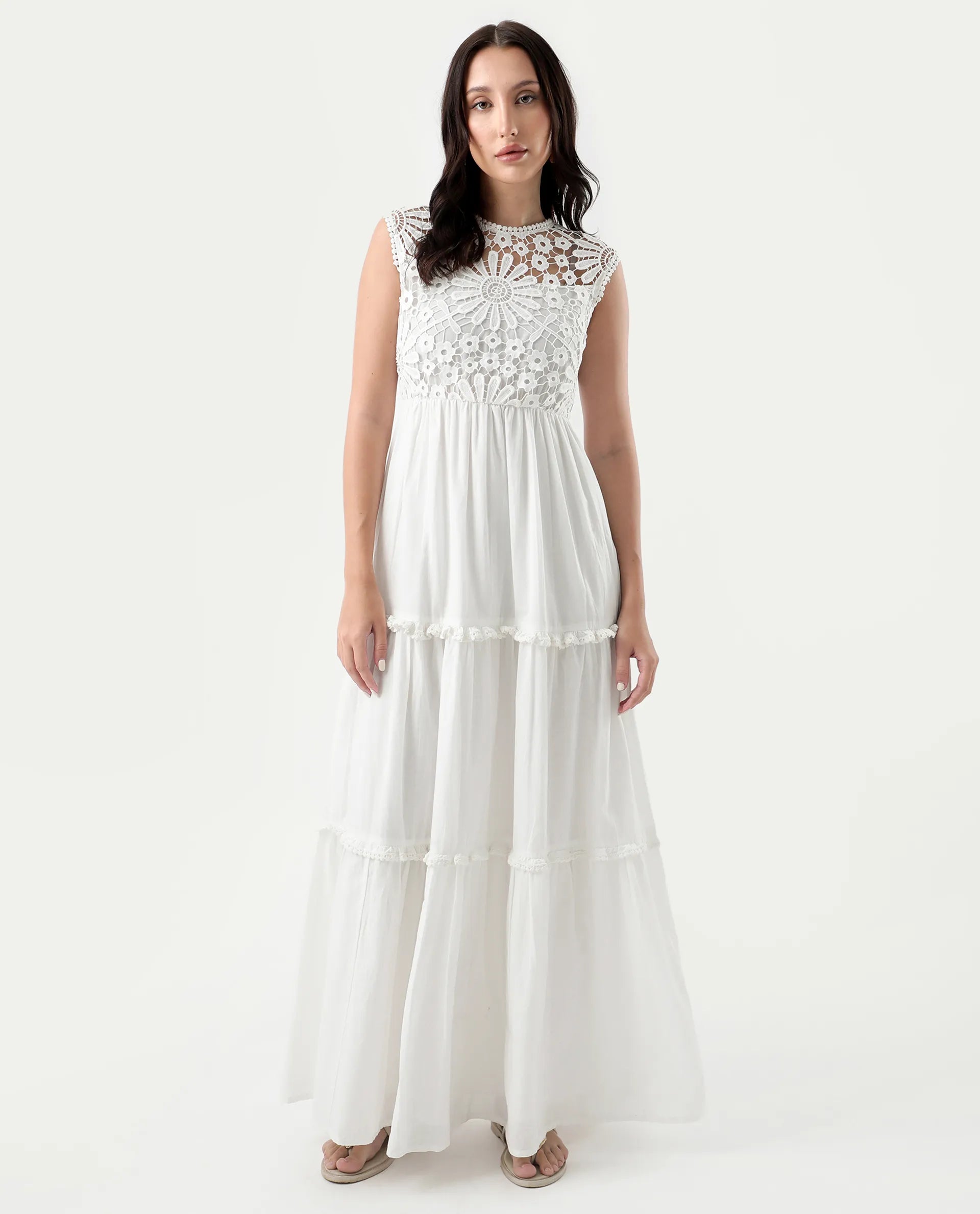 Rareism Women's Bhamona White Cotton Round Neck Plain Sleeveless Maxi Fit And Flare Dress