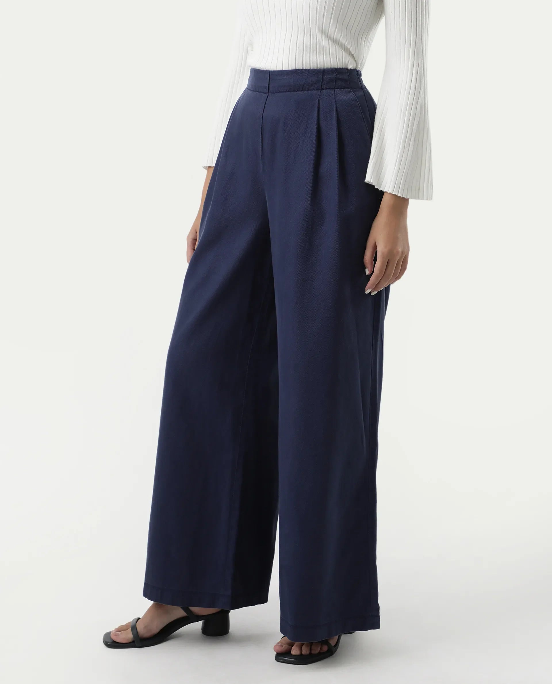 Rareism Women's Bhanella B Navy Cotton Blend Plain Ankle Length Flared Trouser