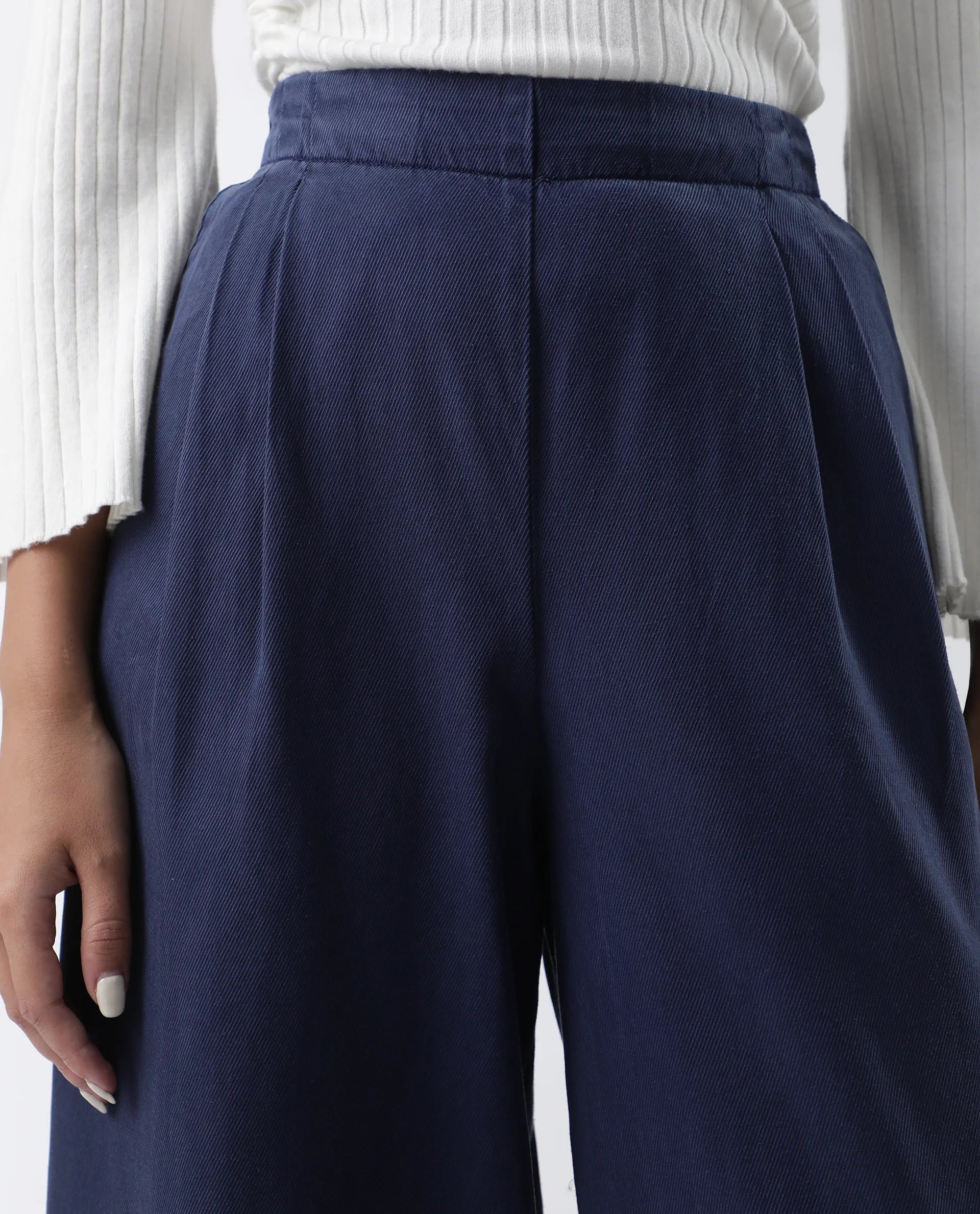 Rareism Women's Bhanella B Navy Cotton Blend Plain Ankle Length Flared Trouser