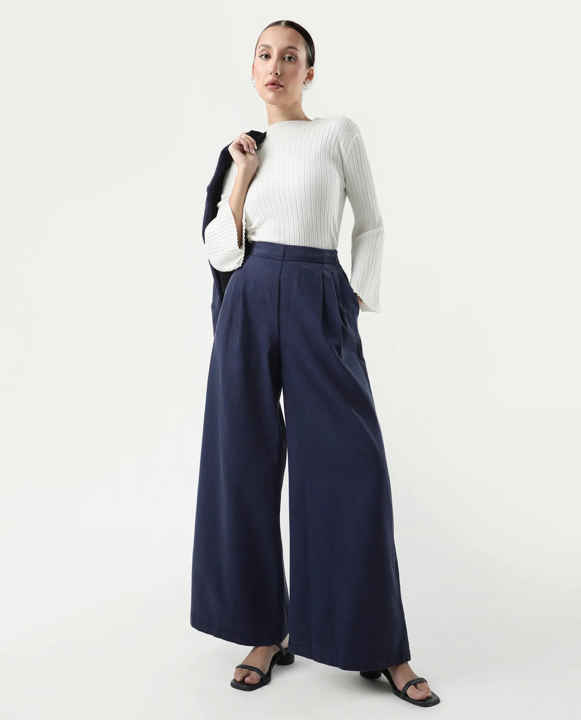 Rareism Women's Bhanella B Navy Cotton Blend Plain Ankle Length Flared Trouser