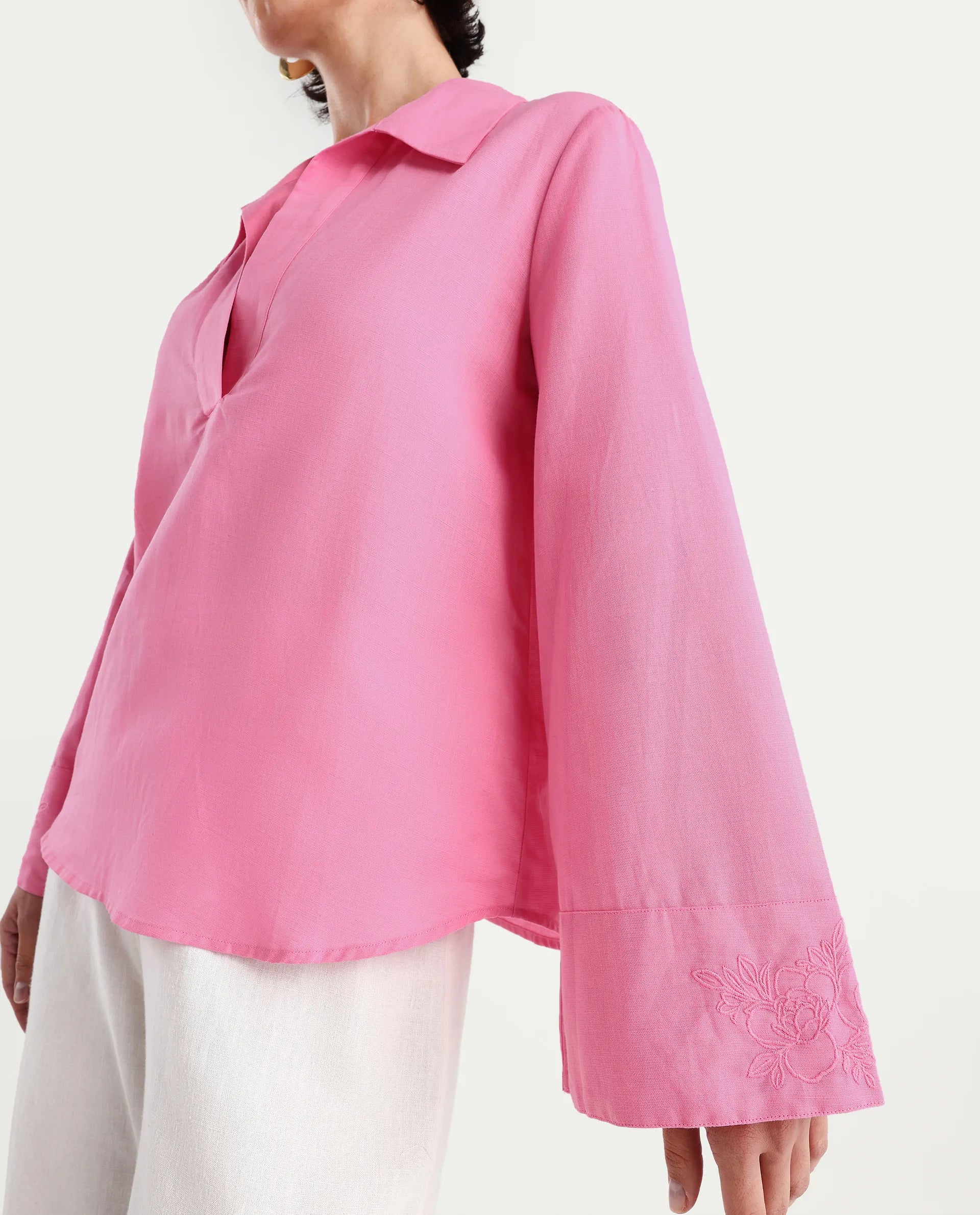 Rareism Women's Bhanis Light Pink Cotton Blend Spread Collar Plain Bell Sleeve Relaxed Fit Top