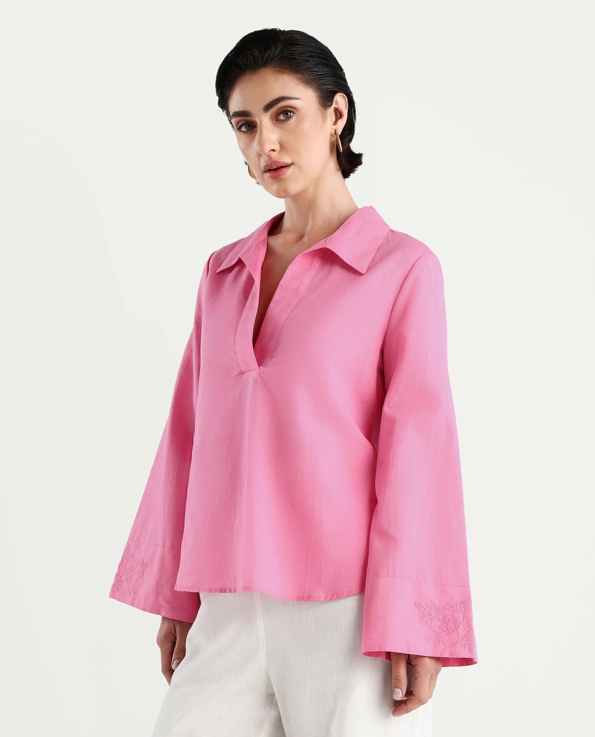 Rareism Women's Bhanis Light Pink Cotton Blend Spread Collar Plain Bell Sleeve Relaxed Fit Top