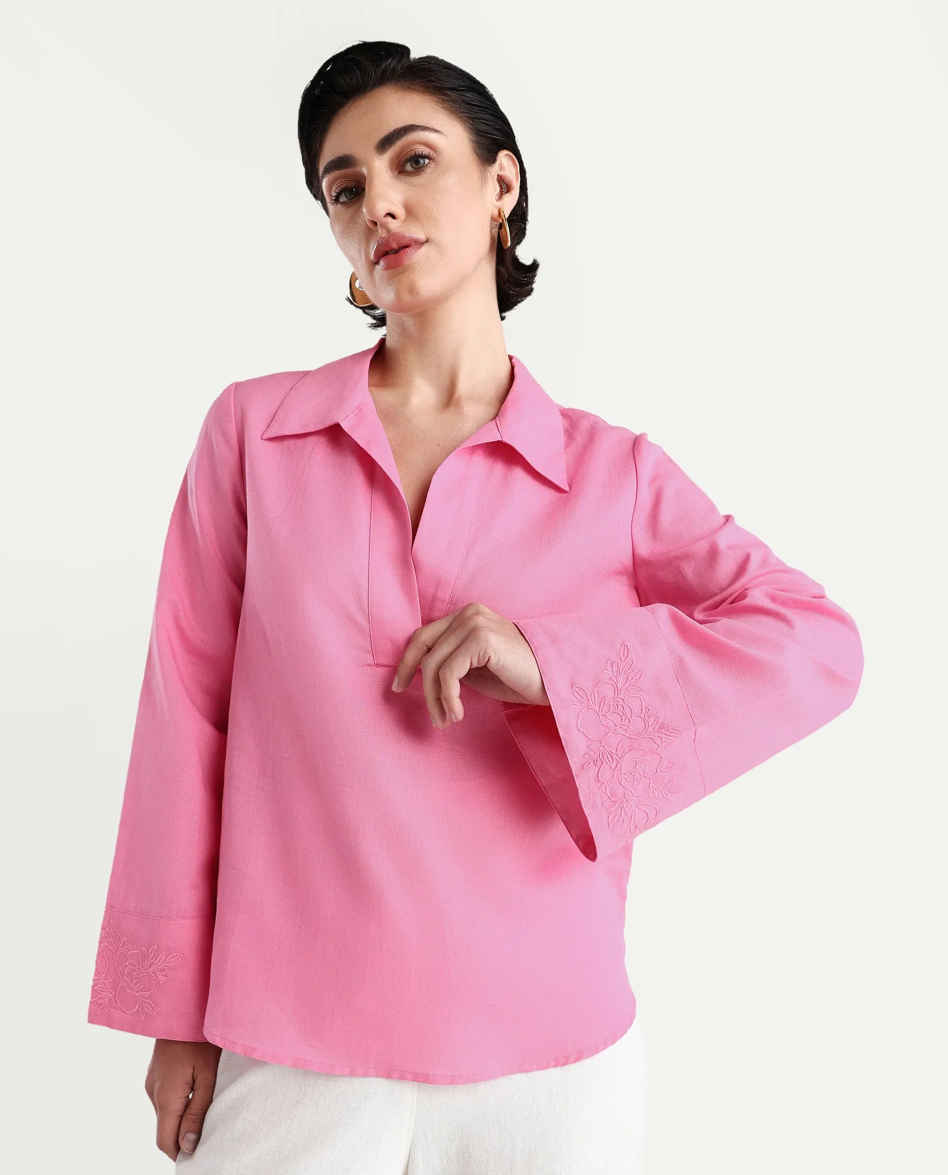 Rareism Women's Bhanis Light Pink Cotton Blend Spread Collar Plain Bell Sleeve Relaxed Fit Top