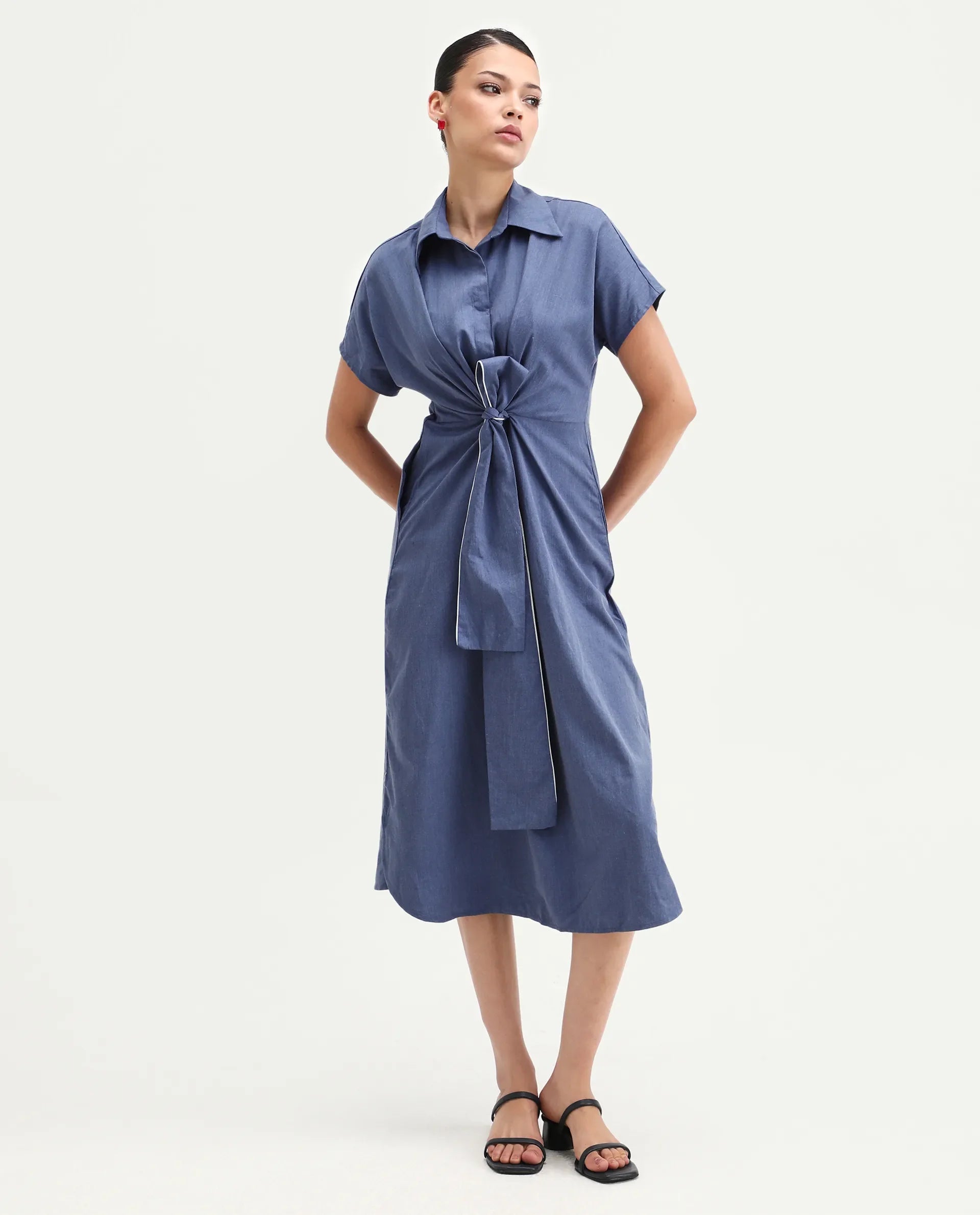 Rareism Women's Bhaque Light Blue Viscose Spread Collar Plain Balloon Sleeve Midi Straight Fit Dress