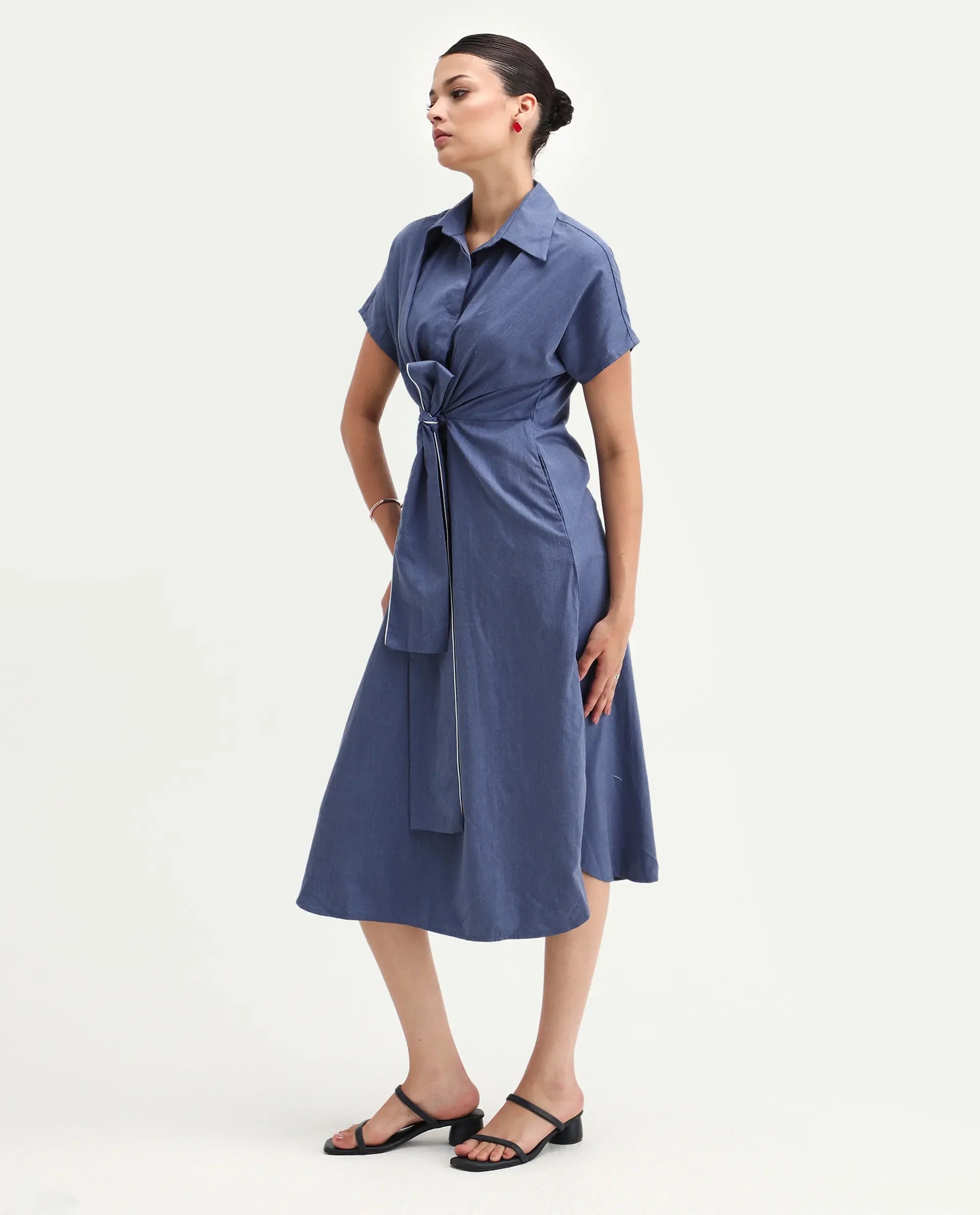 Rareism Women's Bhaque Light Blue Viscose Spread Collar Plain Balloon Sleeve Midi Straight Fit Dress