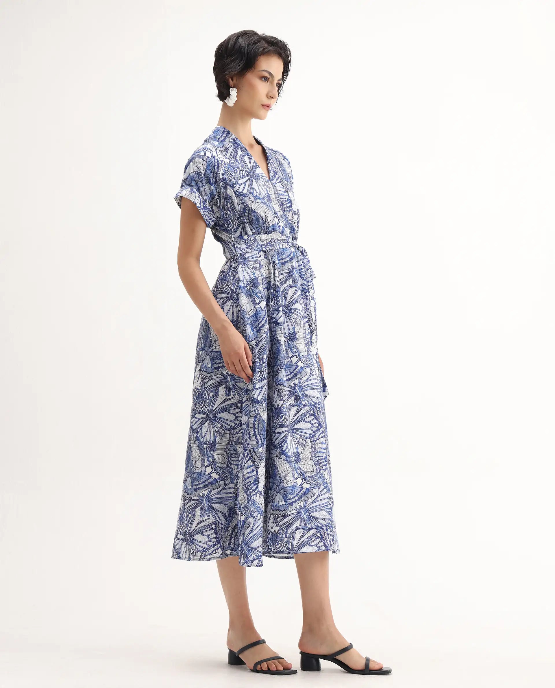 Rareism Women's Bharnaj Blue Cotton Johnny Collar Abstract Print Kimono Sleeve Midi Flared Dress