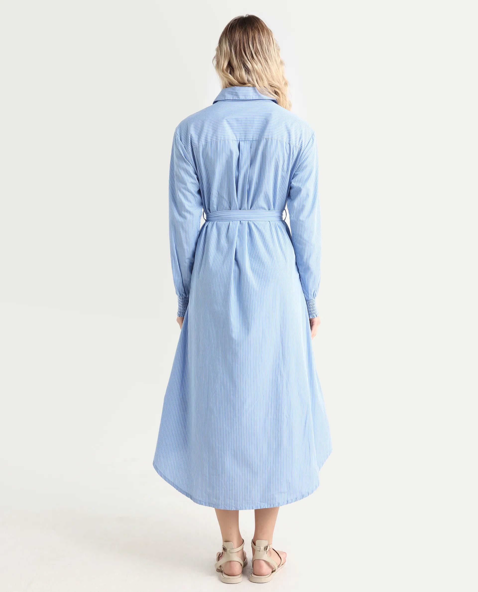 Rareism Women's Bharon Light Blue Cotton Spread Collar Striped Cuffed Sleeve Midi Straight Fit Dress