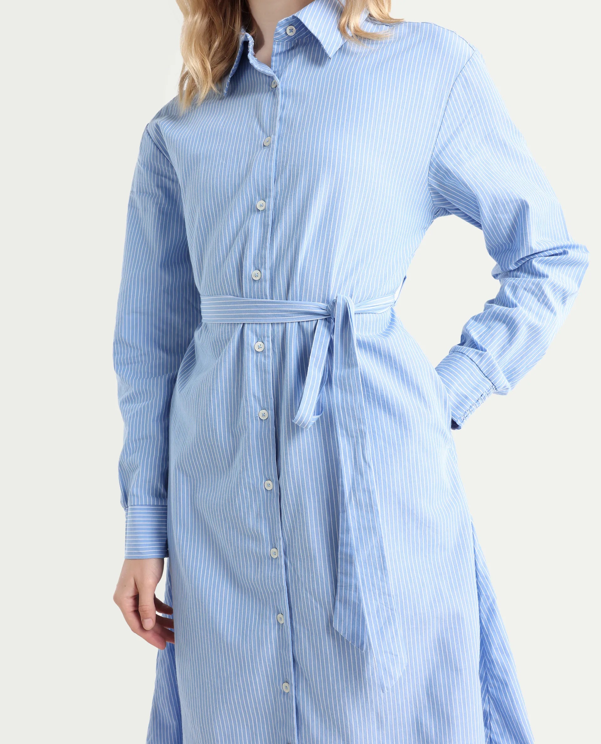 Rareism Women's Bharon Light Blue Cotton Spread Collar Striped Cuffed Sleeve Midi Straight Fit Dress