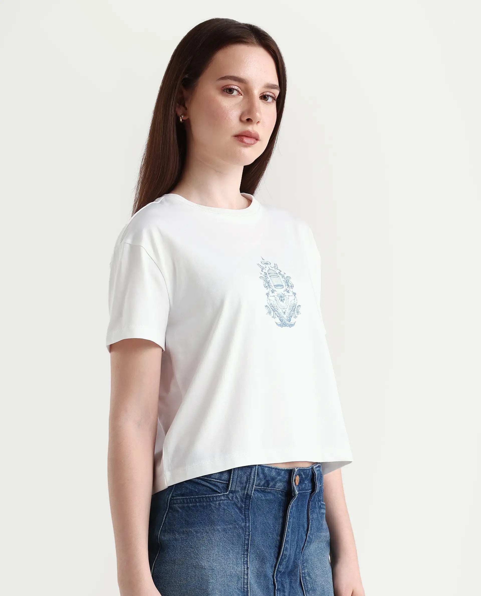 Rareism Women's Bharop Off White Cotton Crew Neck Graphic Print Crop Regular Fit T-Shirt