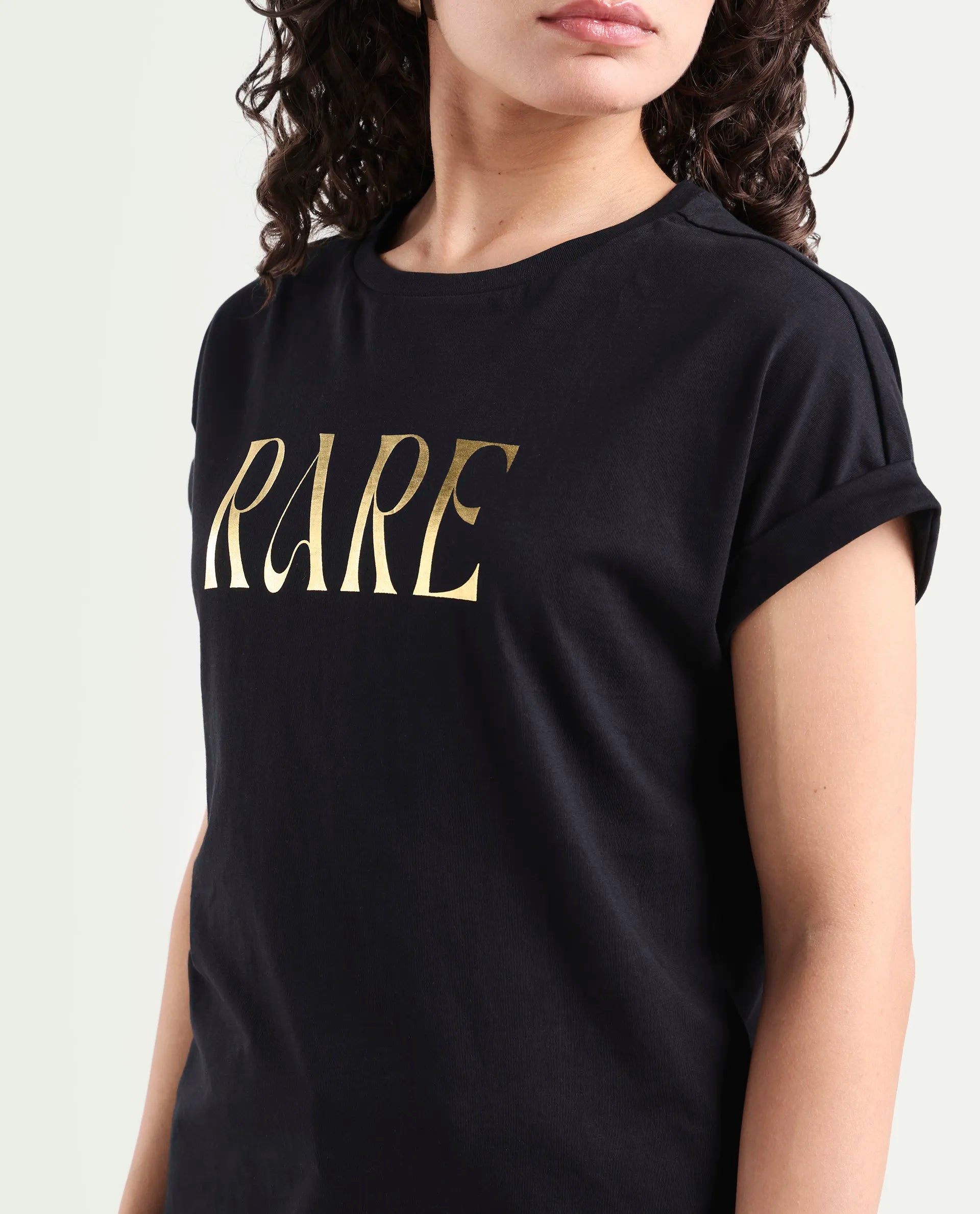 Rareism Women's Bhars Black Viscose Blend Crew Neck Regular Fit Typography Print T-Shirt