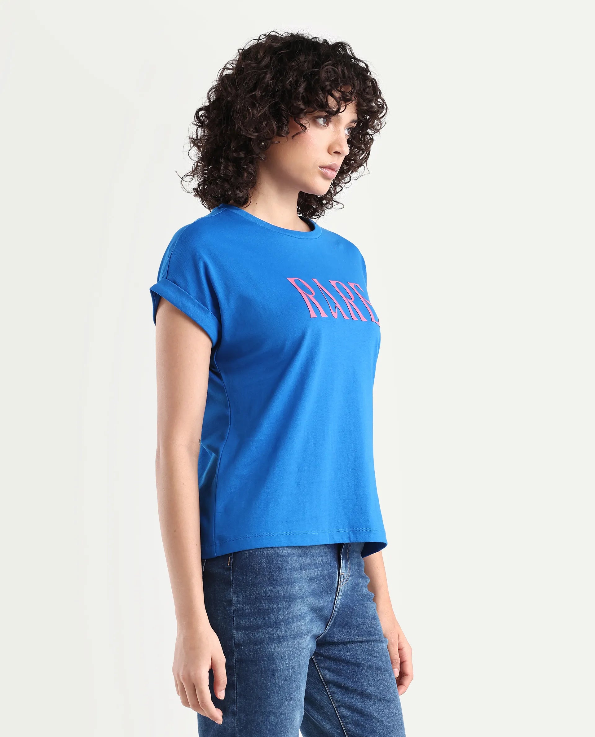 Rareism Women's Bhars Blue Viscose Blend Crew Neck Regular Fit Typography Print T-Shirt