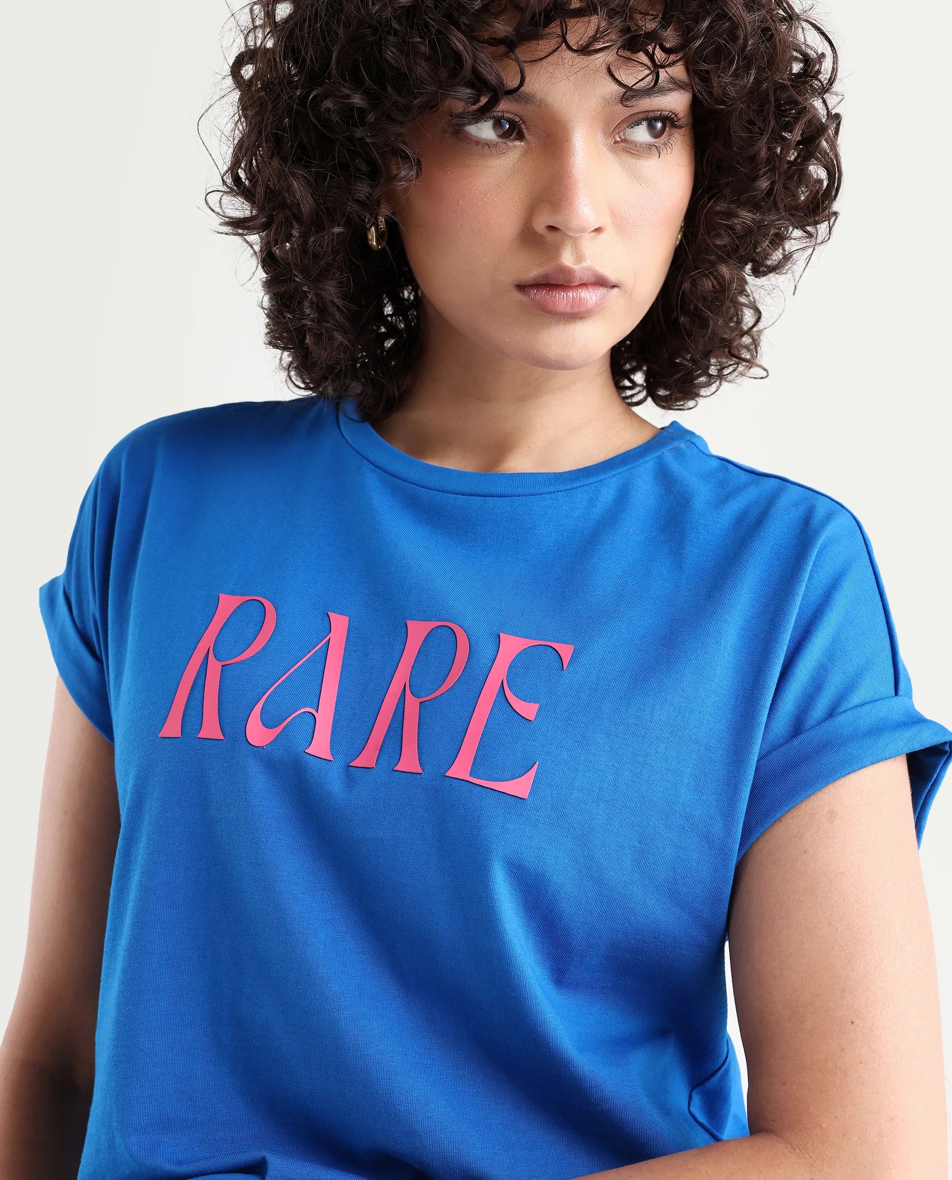 Rareism Women's Bhars Blue Cotton Crew Neck Regular Fit Typography Print T-Shirt