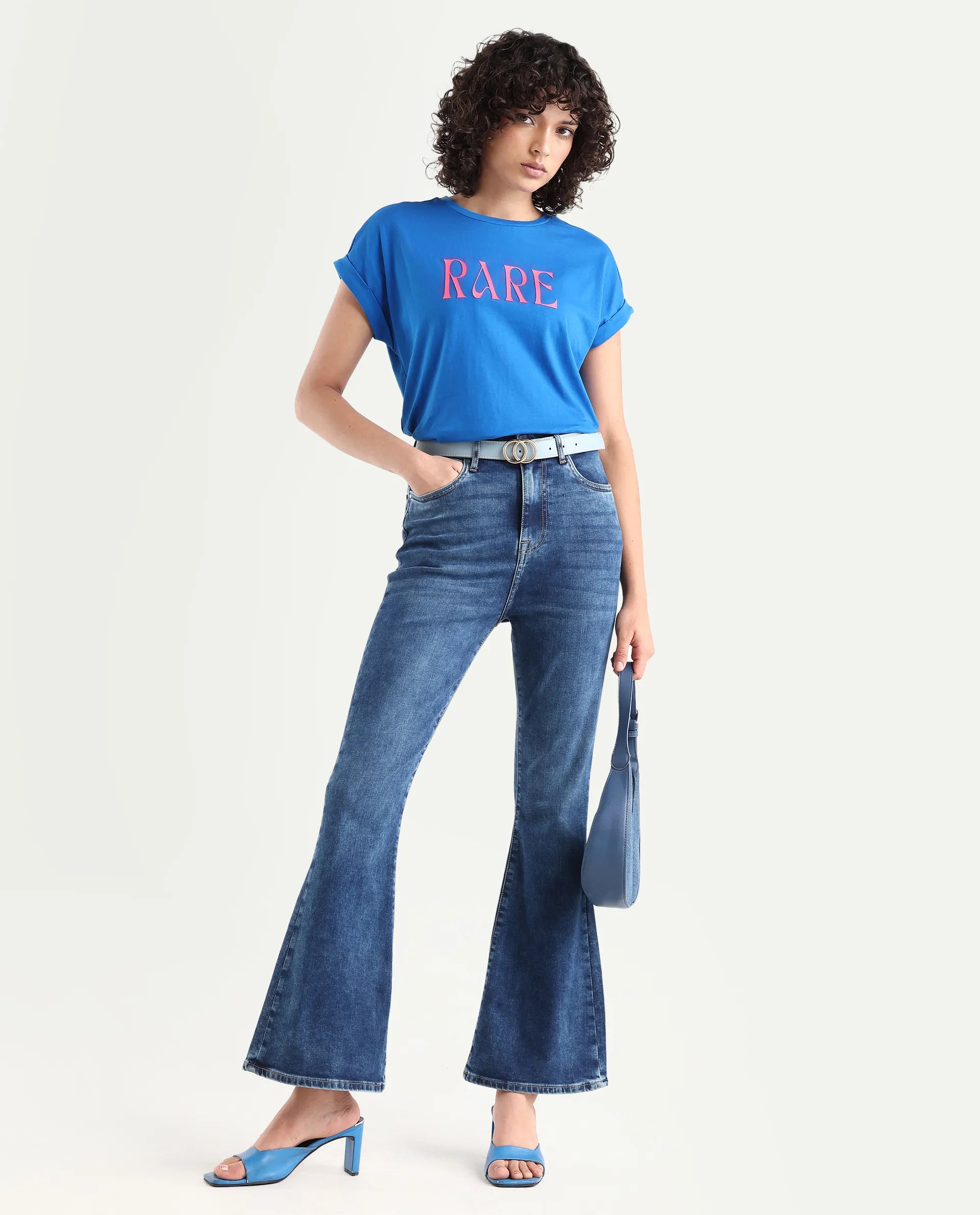 Rareism Women's Bhars Blue Viscose Blend Crew Neck Regular Fit Typography Print T-Shirt