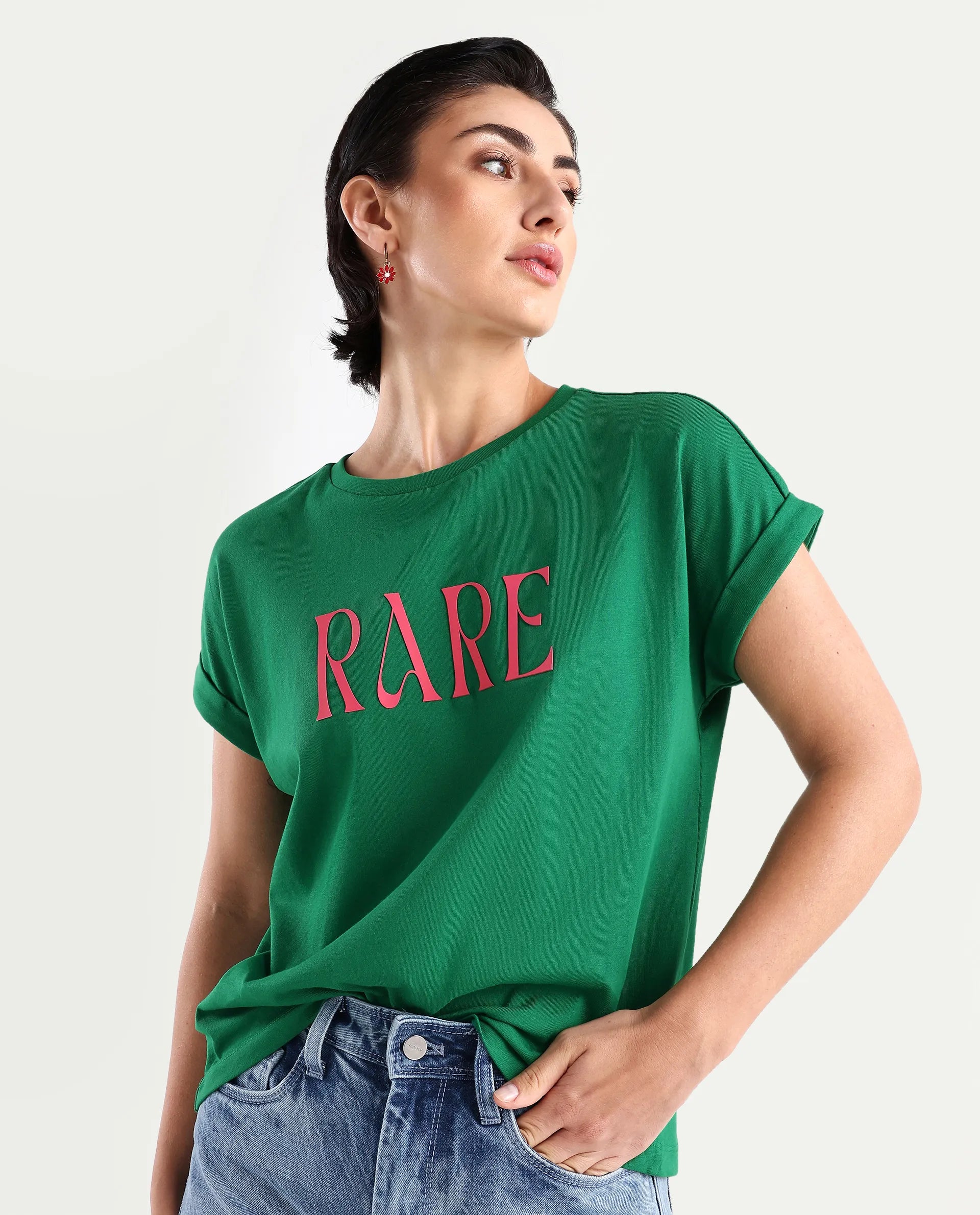 Rareism Women's Bhars Green Viscose Blend Crew Neck Typography Print Extended Sleeves Regular Fit T-Shirt