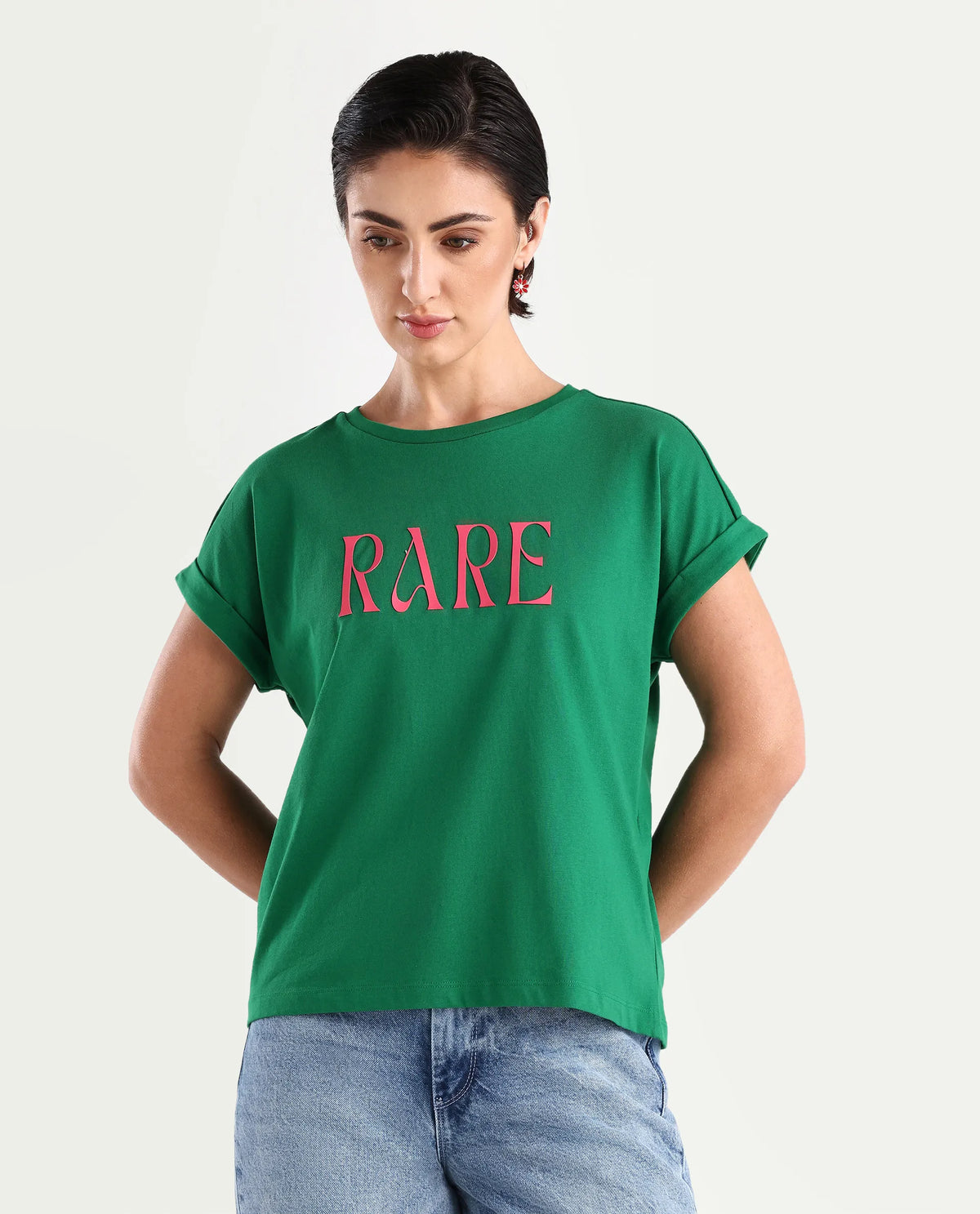 Rareism Women's Bhars Green Viscose Blend Crew Neck Typography Print Extended Sleeves Regular Fit T-Shirt