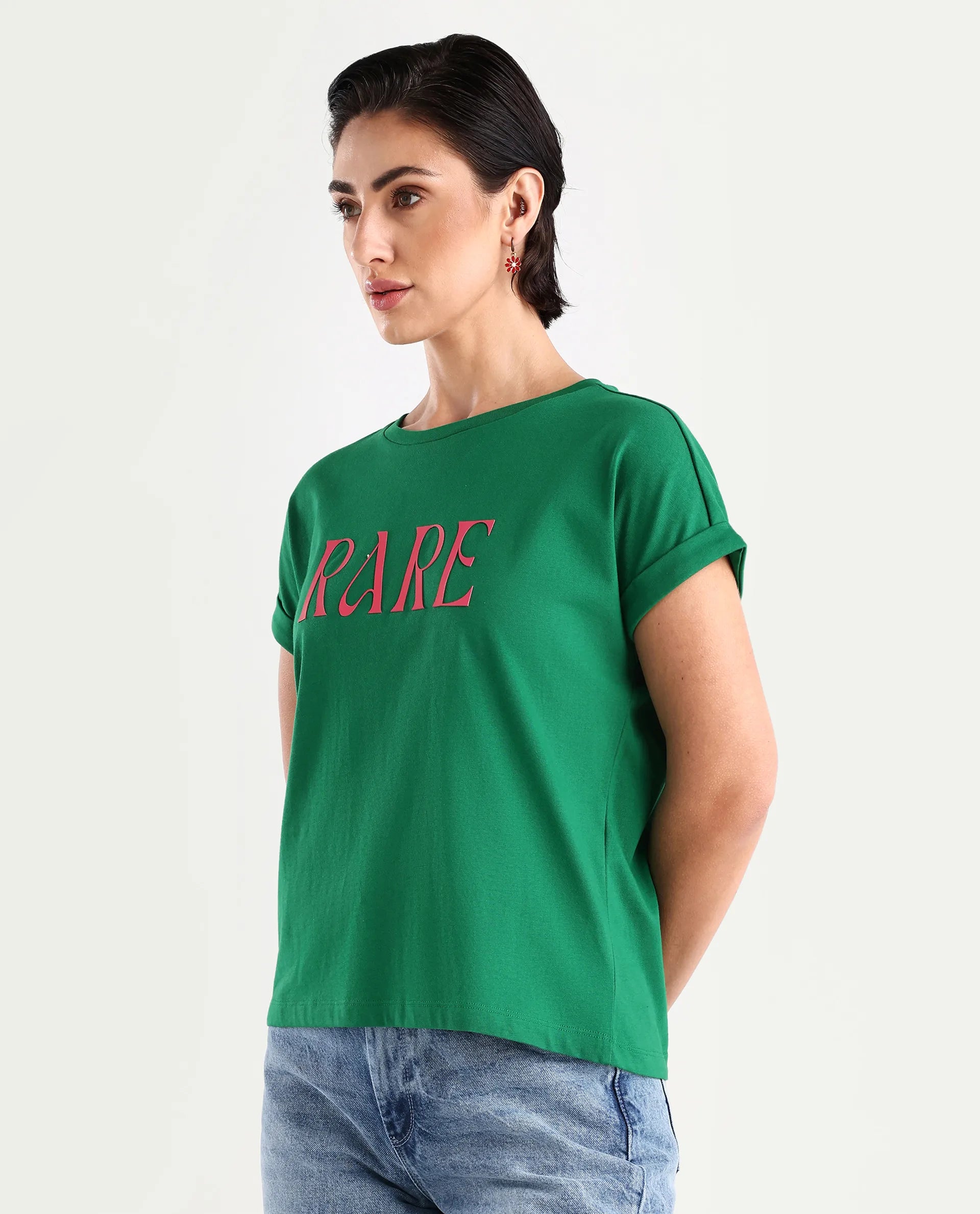 Rareism Women's Bhars Green Viscose Blend Crew Neck Typography Print Extended Sleeves Regular Fit T-Shirt