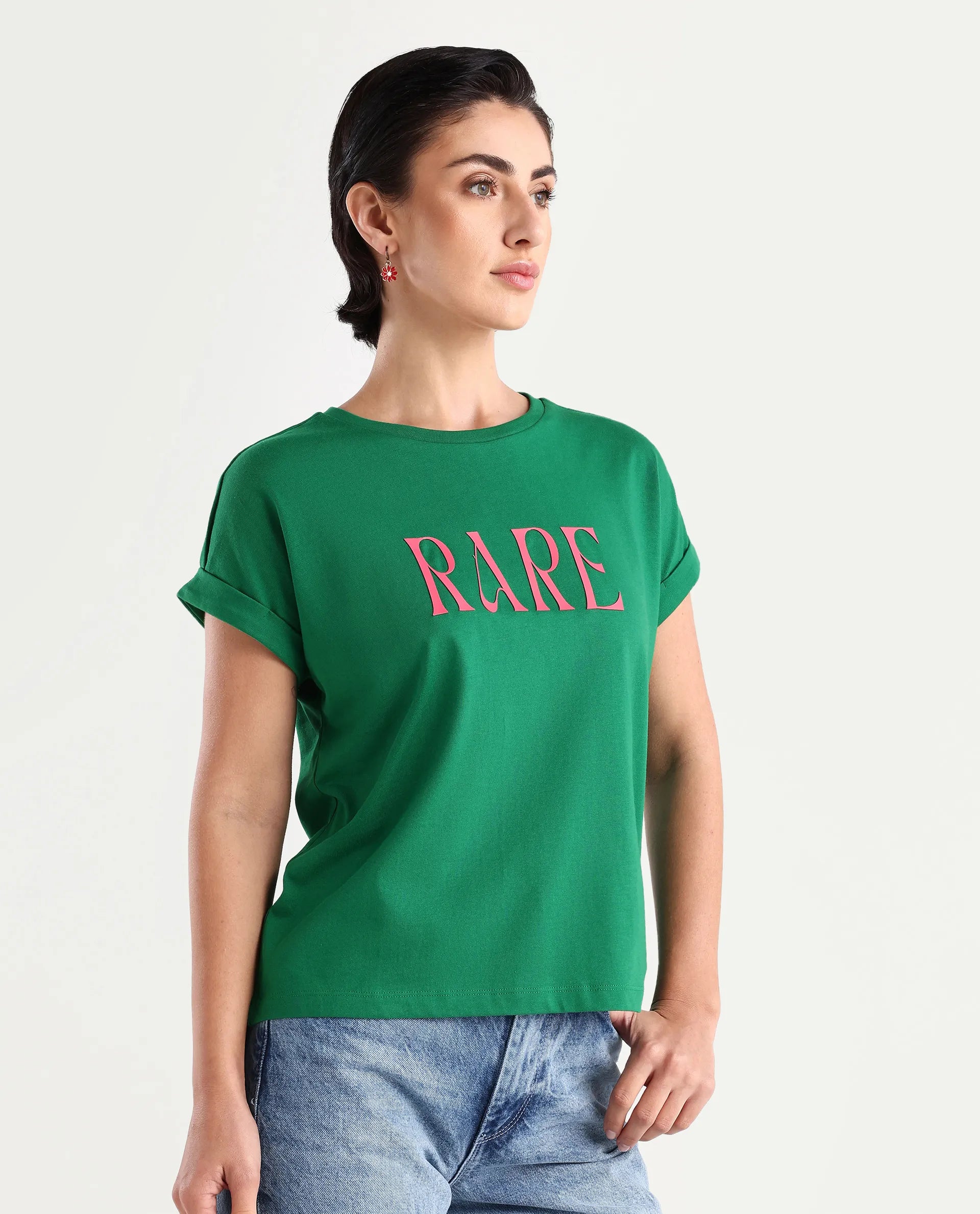 Rareism Women's Bhars Green Viscose Blend Crew Neck Typography Print Extended Sleeves Regular Fit T-Shirt