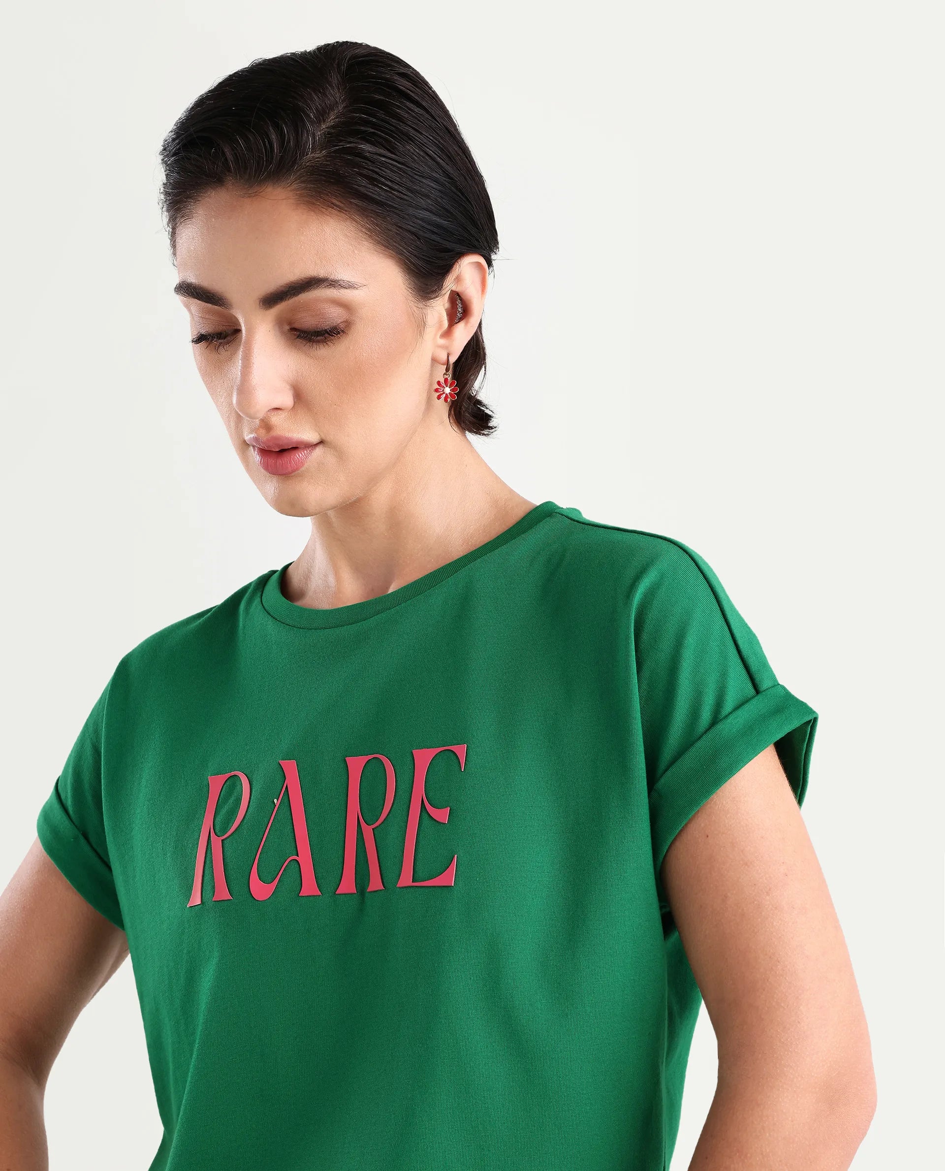 Rareism Women's Bhars Green Viscose Blend Crew Neck Typography Print Extended Sleeves Regular Fit T-Shirt