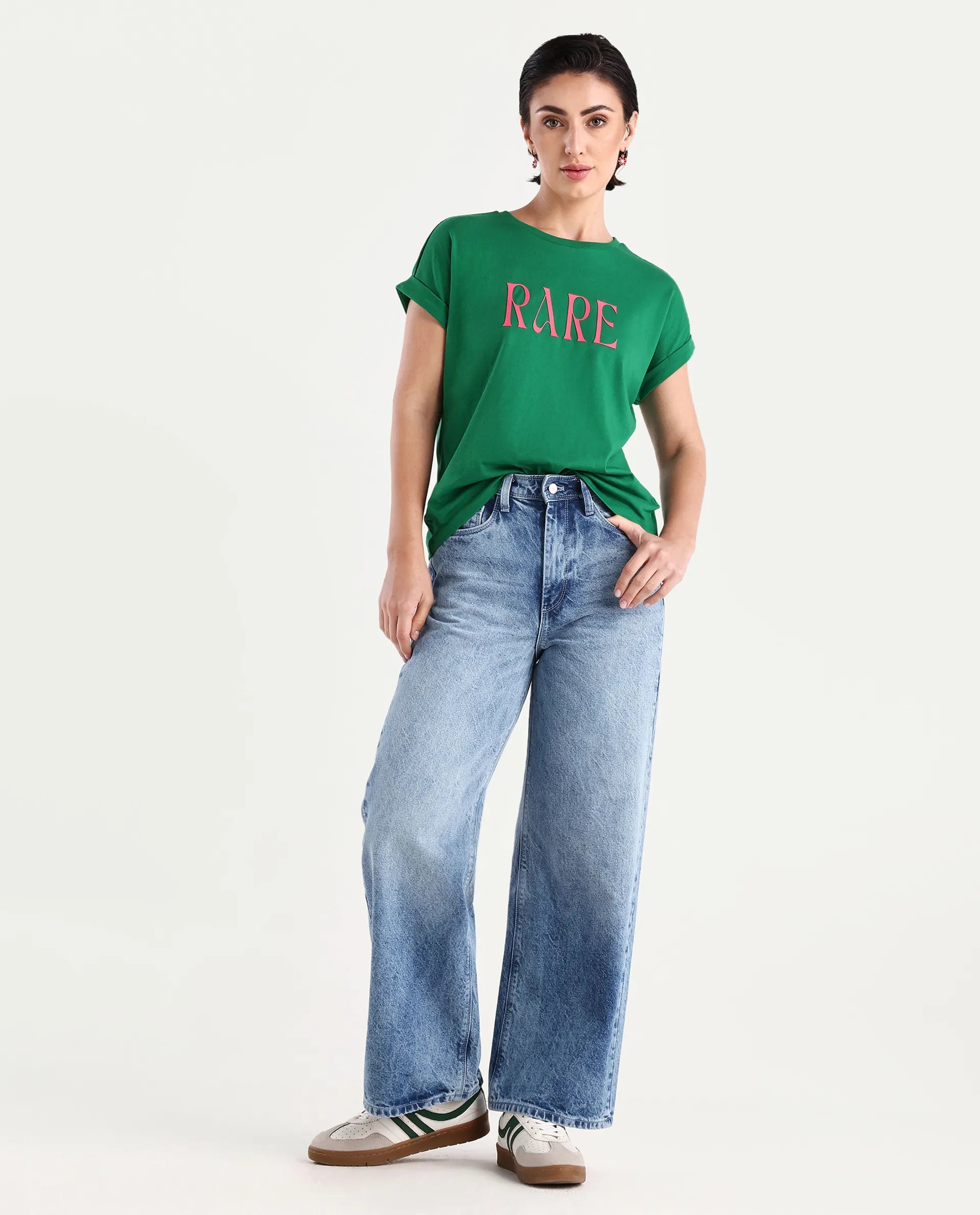 Rareism Women's Bhars Green Cotton Crew Neck Typography Print Extended Sleeves Regular Fit T-Shirt