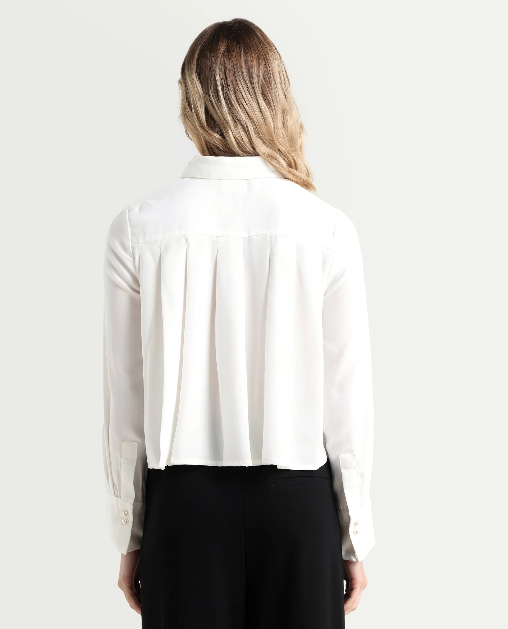 Rareism Women's Bharvik White Polyester Spread Collar Plain Cuffed Sleeve Crop Relaxed Fit Shirt