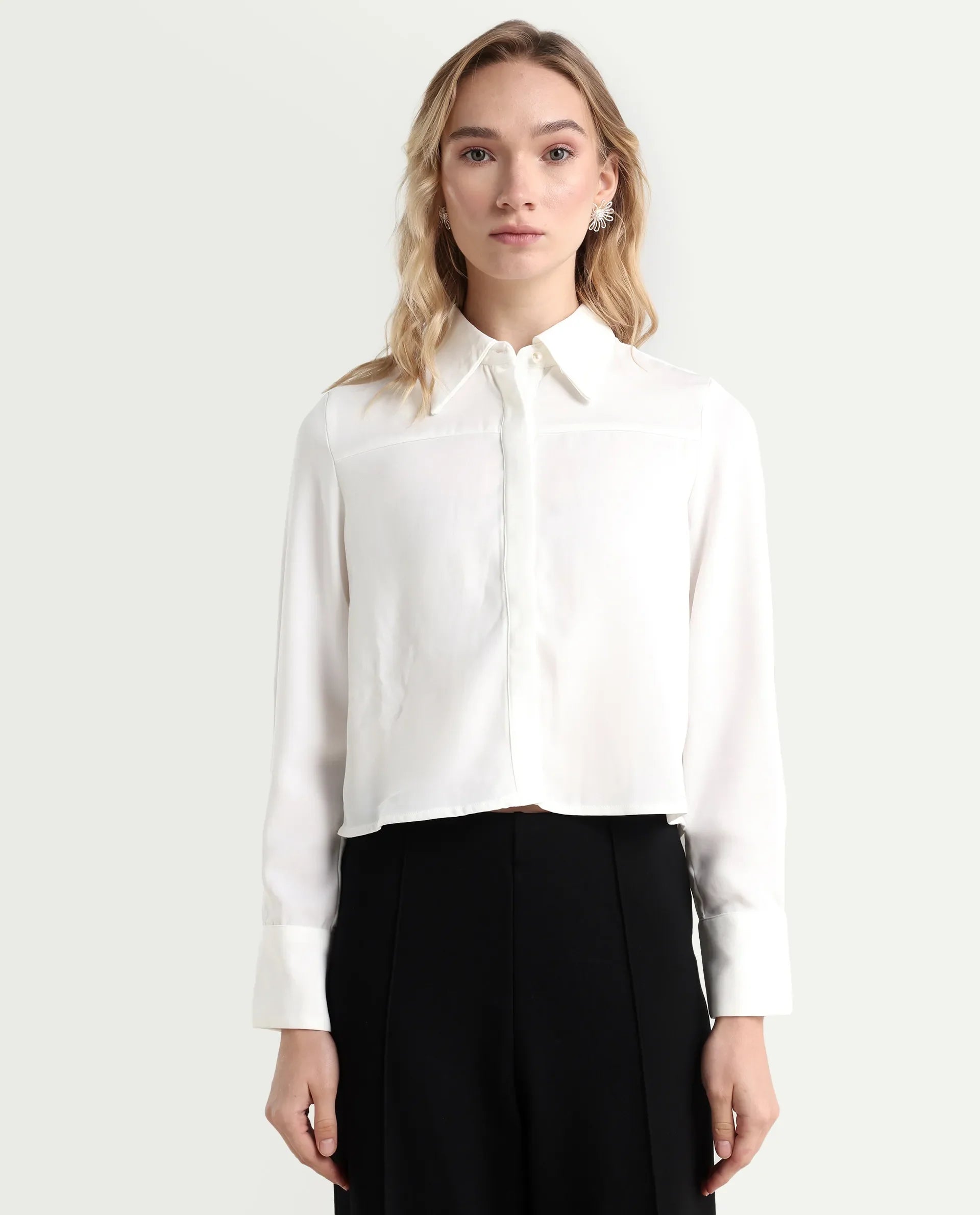 Rareism Women's Bharvik White Polyester Spread Collar Plain Cuffed Sleeve Crop Relaxed Fit Shirt