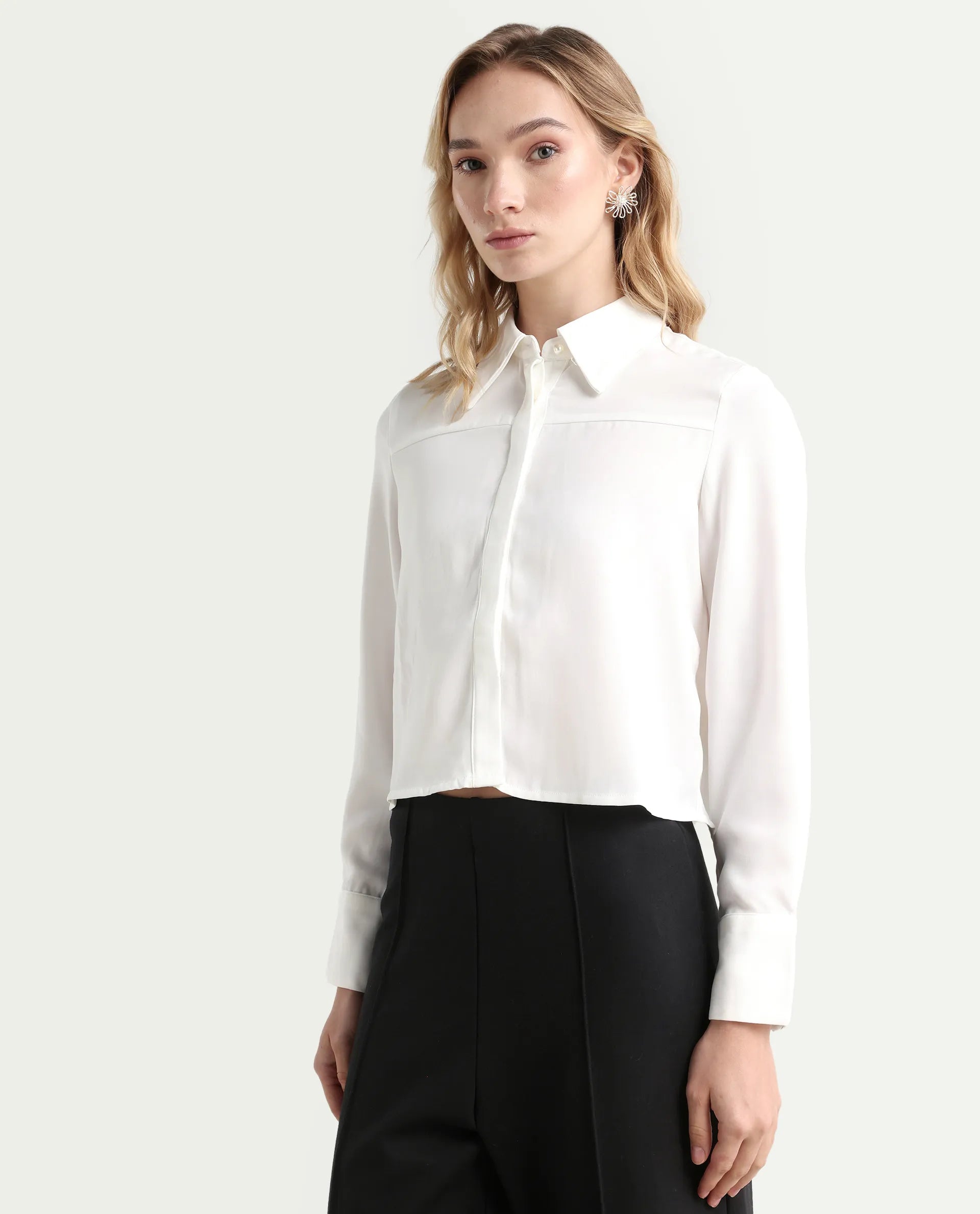Rareism Women's Bharvik White Polyester Spread Collar Plain Cuffed Sleeve Crop Relaxed Fit Shirt