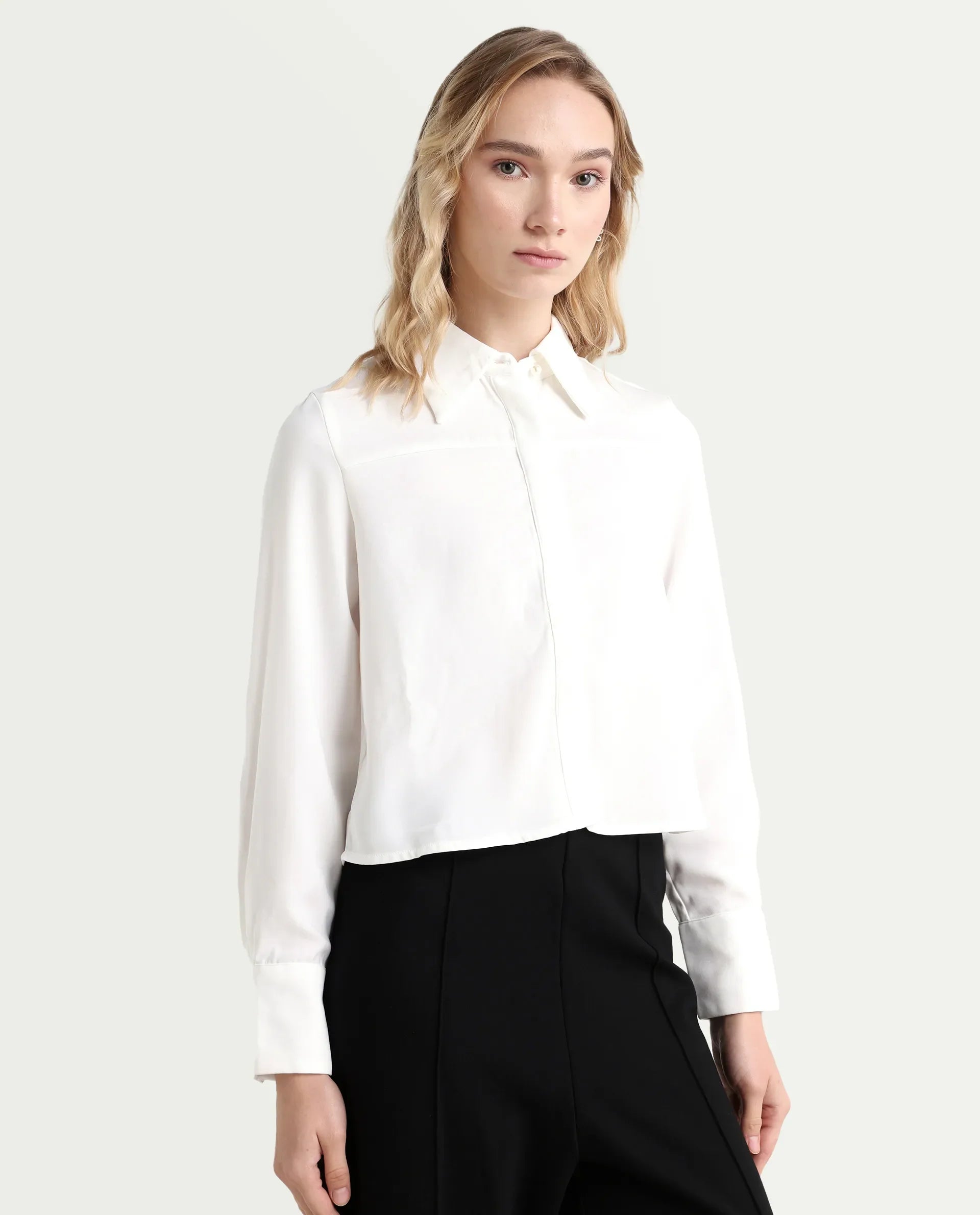 Rareism Women's Bharvik White Polyester Spread Collar Plain Cuffed Sleeve Crop Relaxed Fit Shirt