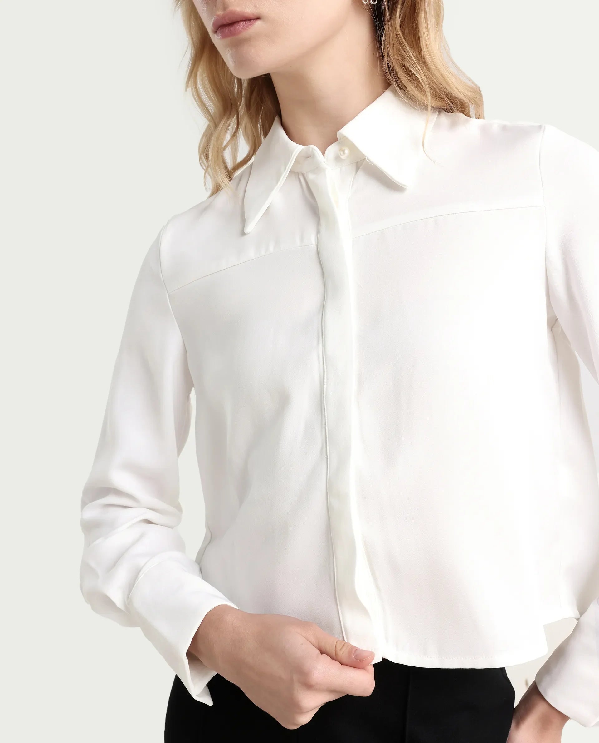 Rareism Women's Bharvik White Polyester Spread Collar Plain Cuffed Sleeve Crop Relaxed Fit Shirt
