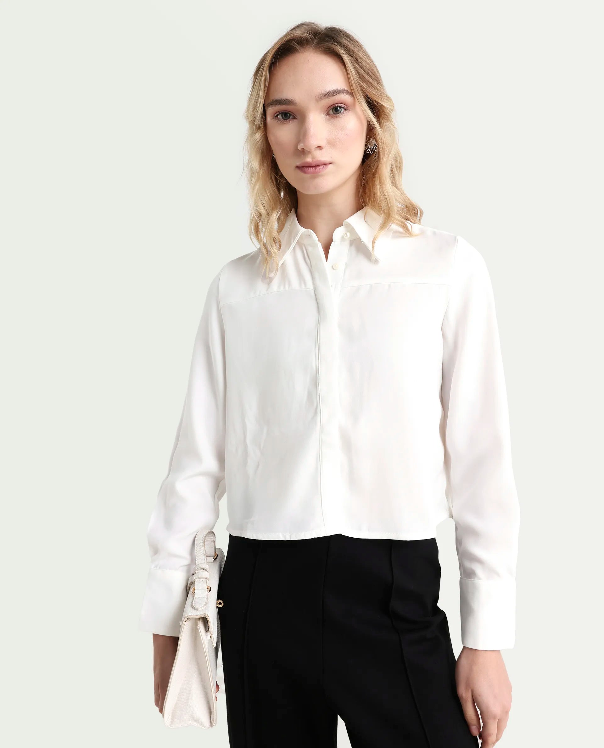 Rareism Women's Bharvik White Polyester Spread Collar Plain Cuffed Sleeve Crop Relaxed Fit Shirt