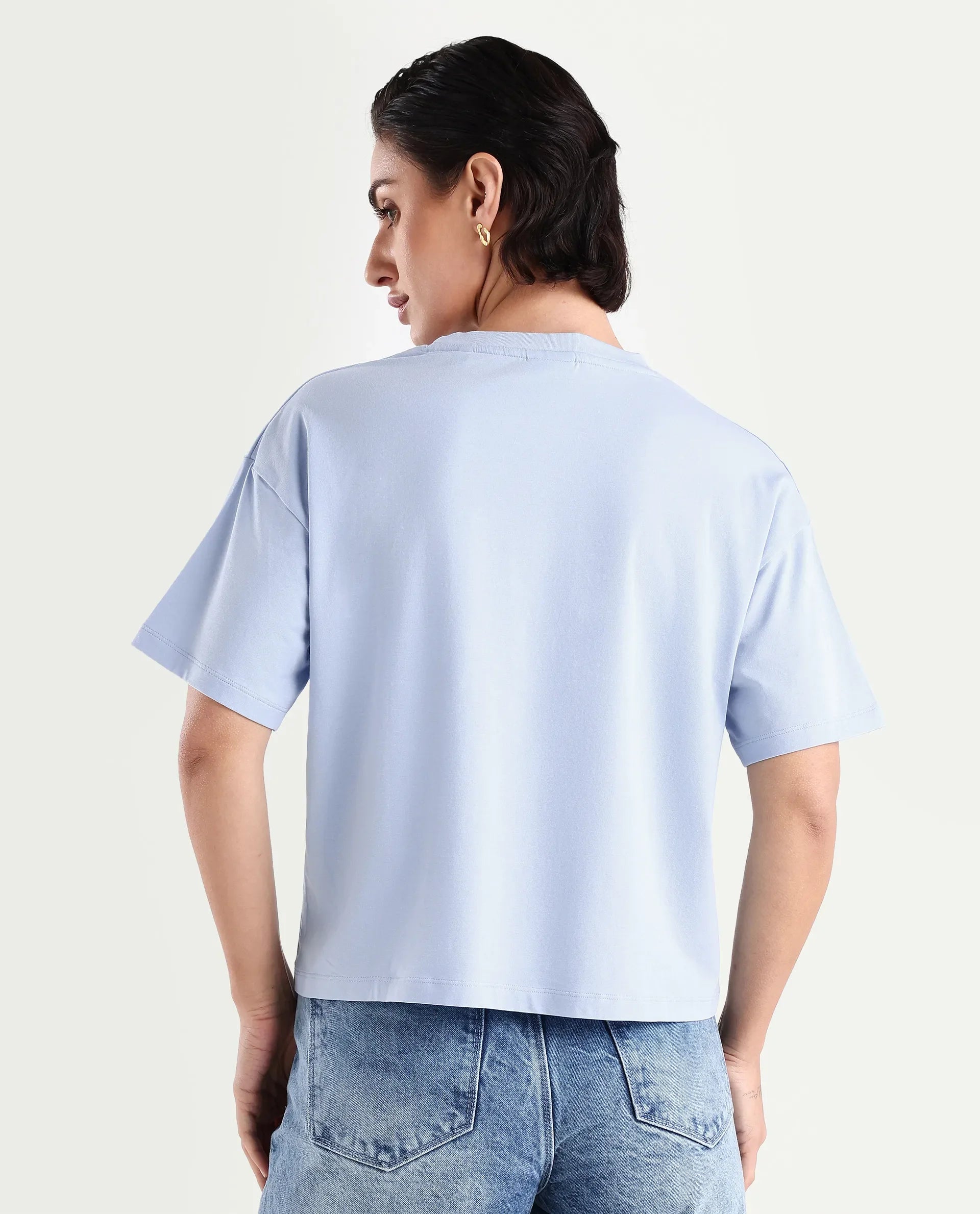 Rareism Women's Bhasi Light Blue Cotton Blend Crew Neck Graphic Print Boxy Fit T-Shirt
