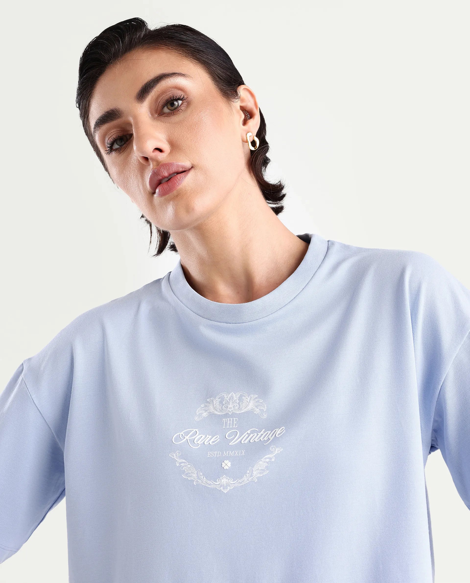 Rareism Women's Bhasi Light Blue Cotton Blend Crew Neck Graphic Print Boxy Fit T-Shirt