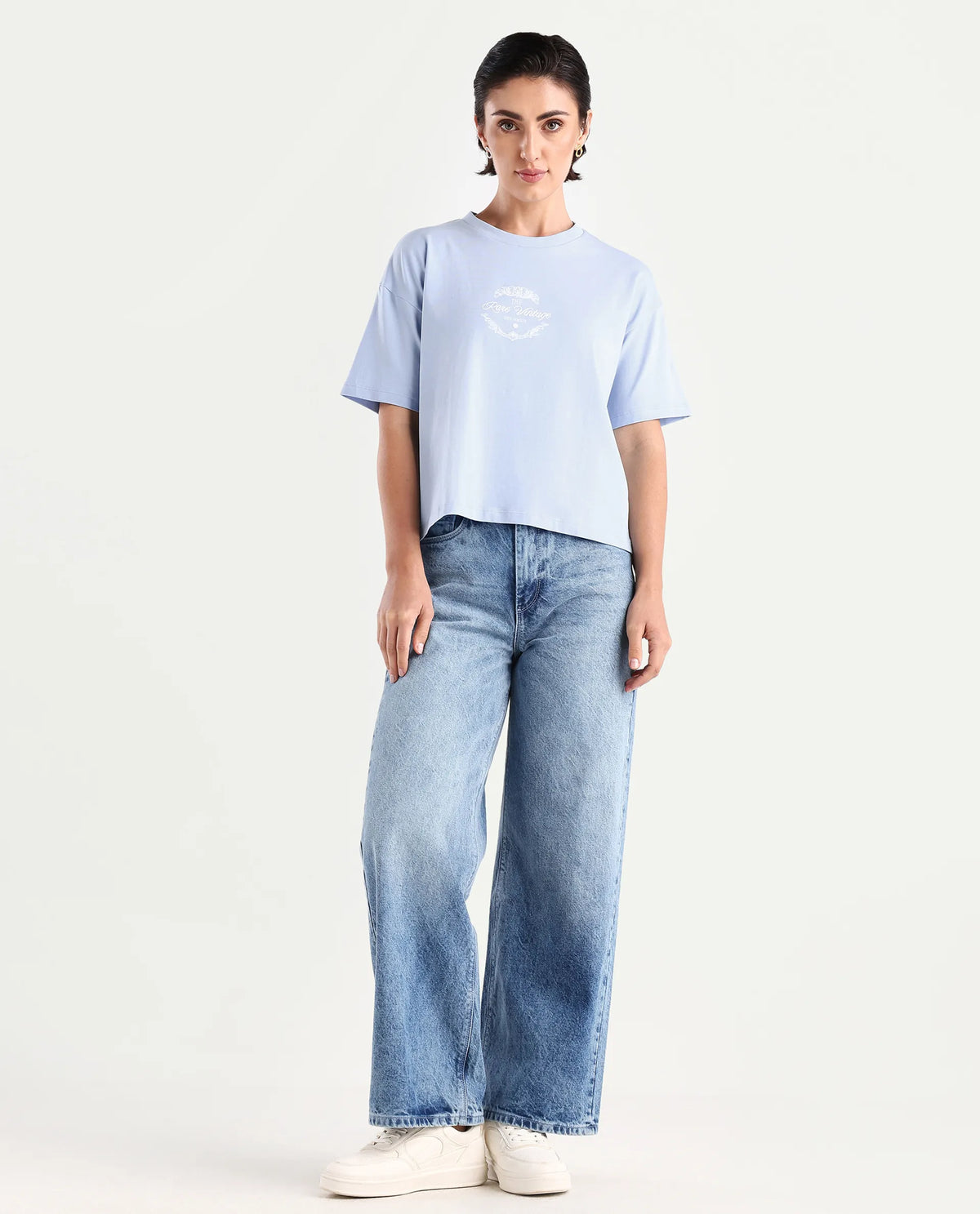 Rareism Women's Bhasi Light Blue Cotton Blend Crew Neck Graphic Print Boxy Fit T-Shirt