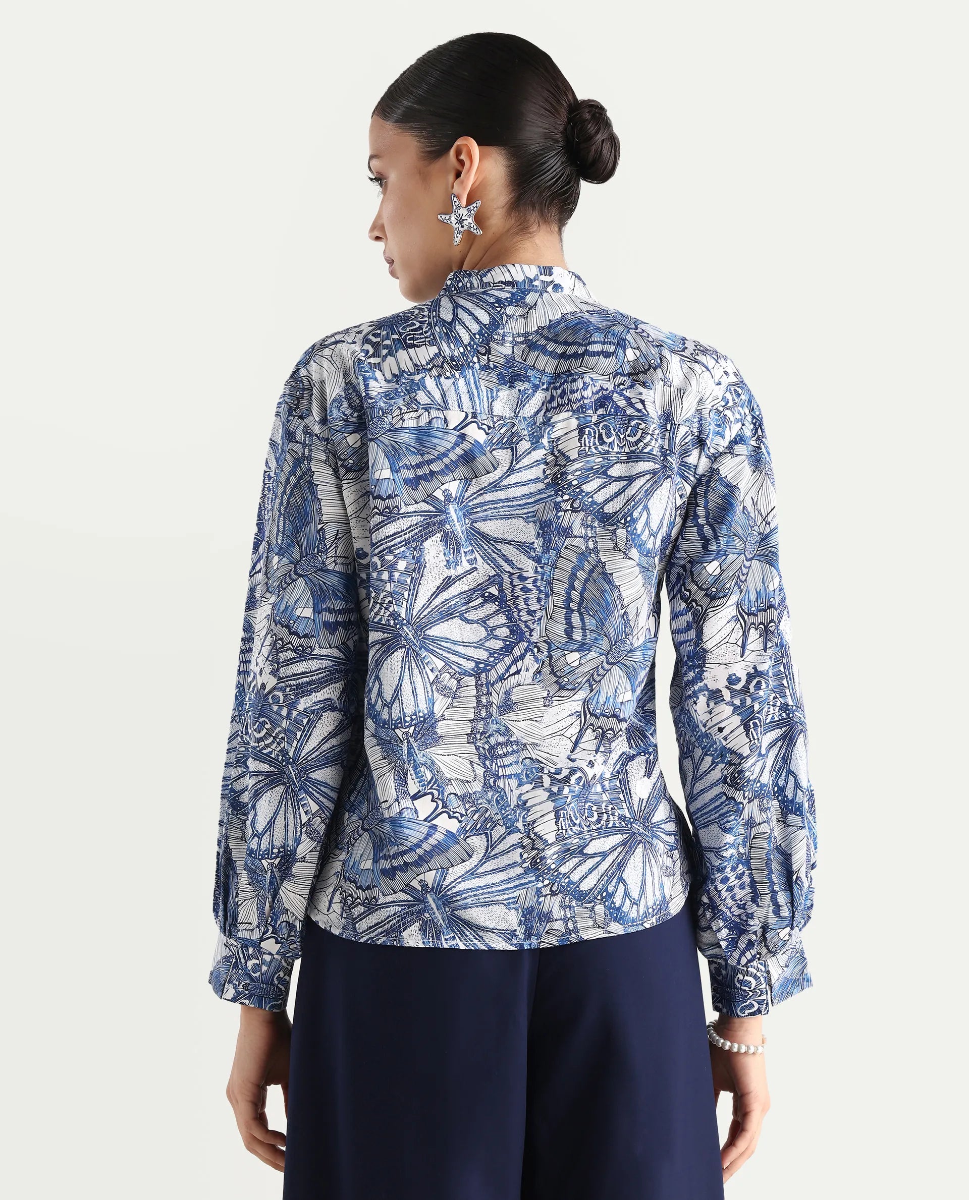 Rareism Women's Bhasny Blue Cotton Blend Mandarin Collar Abstract Print Puff Sleeves Regular Fit Top