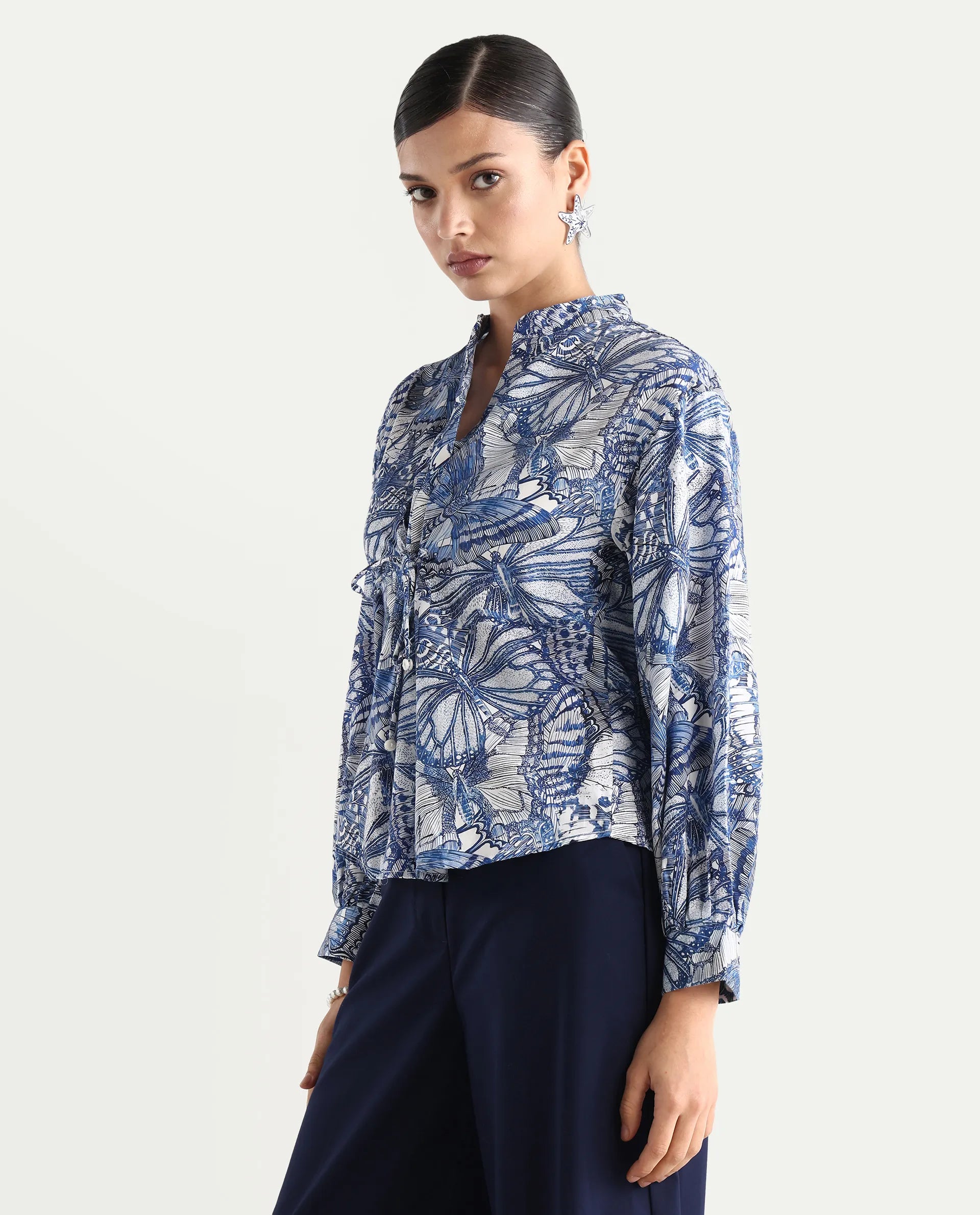 Rareism Women's Bhasny Blue Cotton Blend Mandarin Collar Abstract Print Puff Sleeves Regular Fit Top