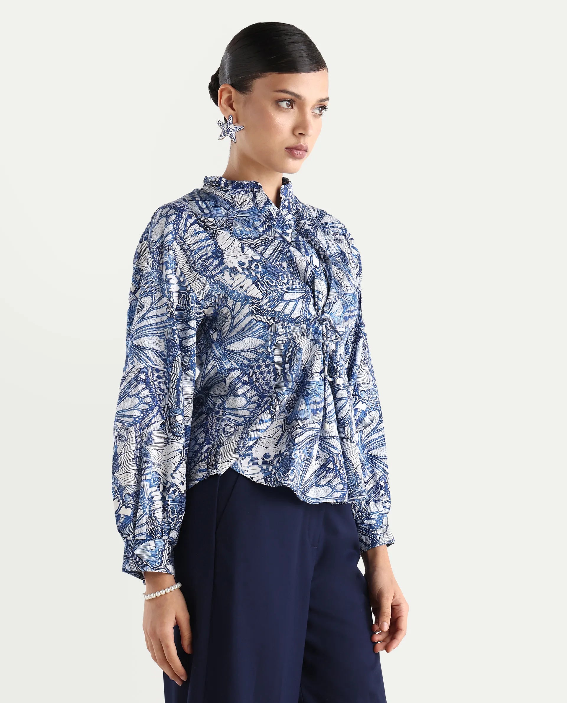 Rareism Women's Bhasny Blue Cotton Blend Mandarin Collar Abstract Print Puff Sleeves Regular Fit Top